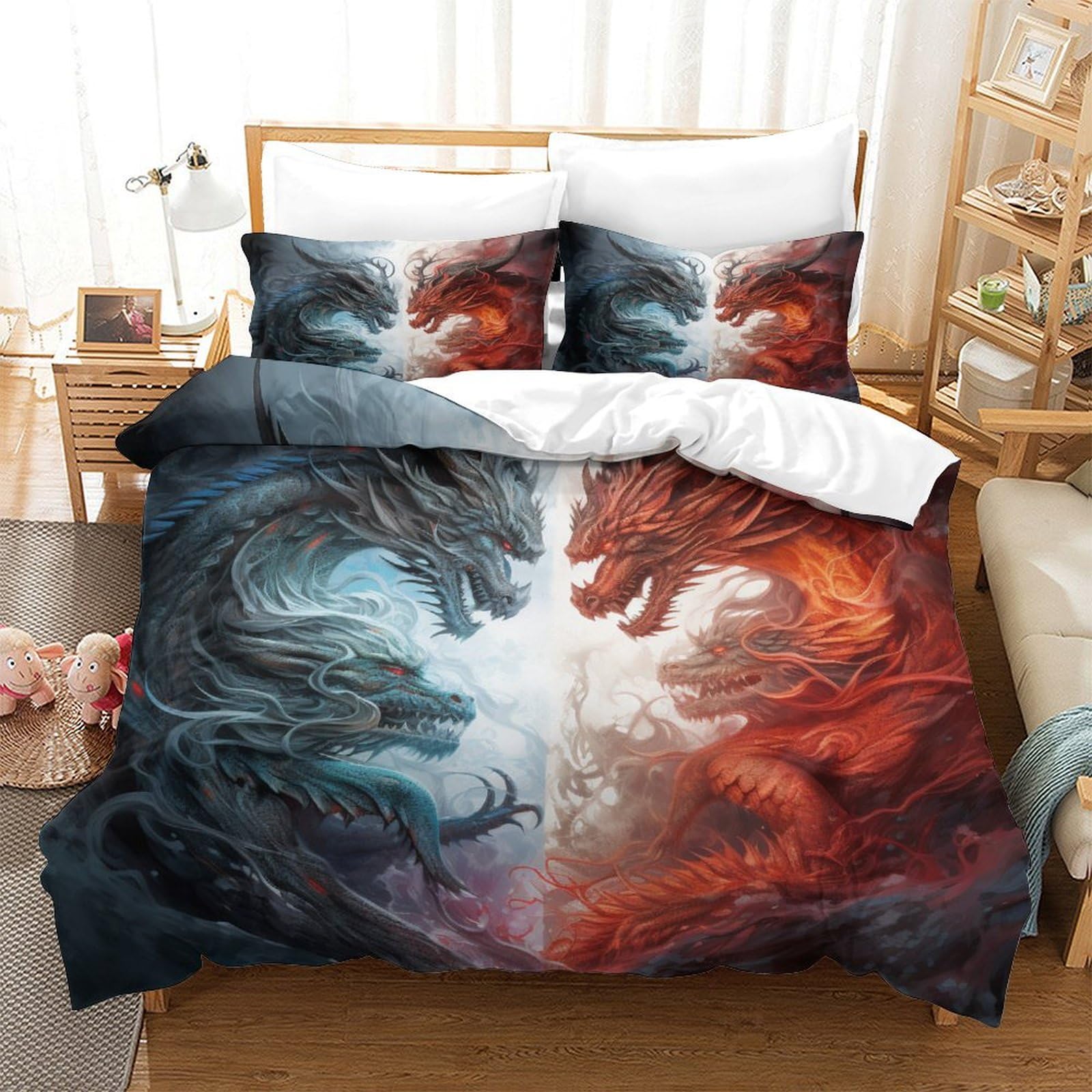 Stampato in 3D Loong cinese Copertina Stampata Microfibra Disegnata Biancheria Da Letto Con Chiusura A Cerniera Con 2 Federe,King（220x240cm）, Per Ragazzi Adulti