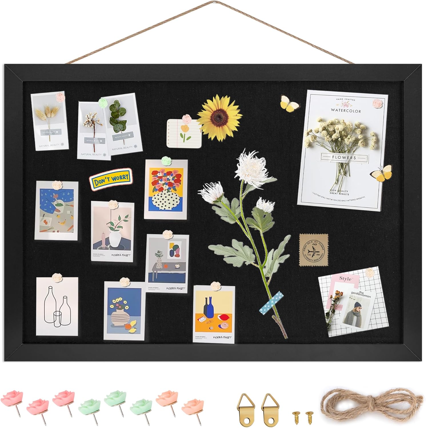 Black Cork Board Bulletin Board 16.7" x 11", Small Linen Corkboards with Frame for Walls, Cute Picture Display Pin Board Vision Board for Room School Office Bedroom 8 Pushpins All Black 16"x11"-1 Pack