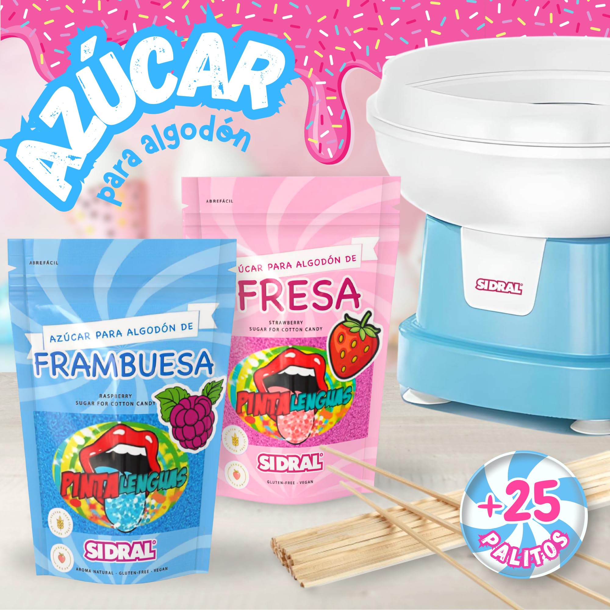 SIDRAL Azucar para Máquina Algodón (2x 250 gr) con 25 Palitos Reciclables para Degustación - Lote de 2 Sabores (Fresa, Frambuesa), Azúcar para Algodón de Azúcar PINTALENGUAS - Ideal para Fiestas