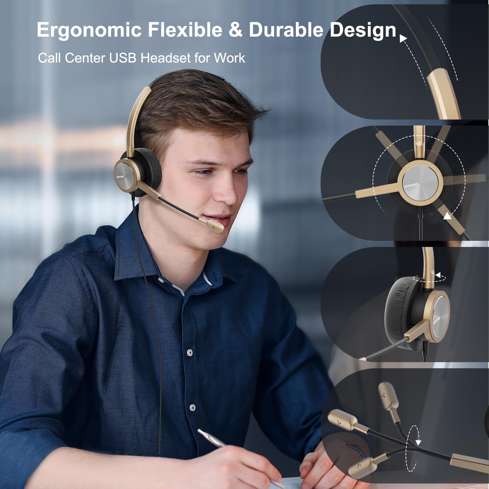 Stereo Over The Head USB Headset with Noise-Canceling Microphone for PC, Lightweight USB Headphones for Call Center Office Work from Home, for Skype Teams Zoom WebEx Ringcentral Softphone Dictation