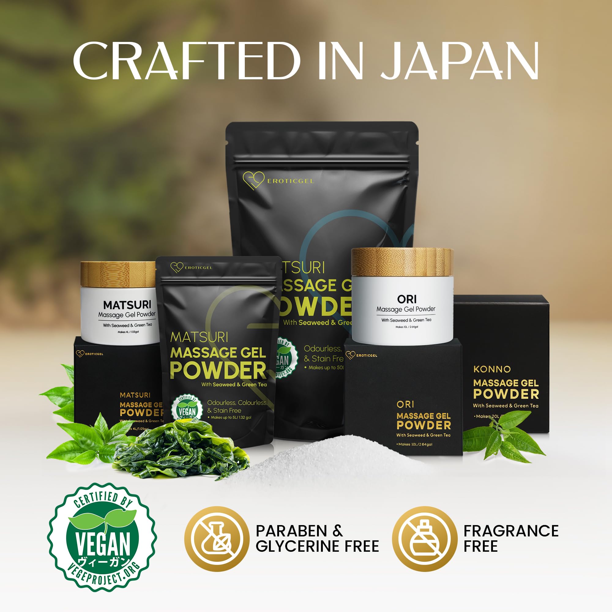Nuru Massagegel Pulver Matsuri 50 g, Wiederverschließbarer Beutel, Massageöl Alternative mit Seetang & Grünem Tee, Made in Japan, Wasserbasiert, Vegan, Parfümfrei, Frei von Parabenen, Ergibt 5 Liter