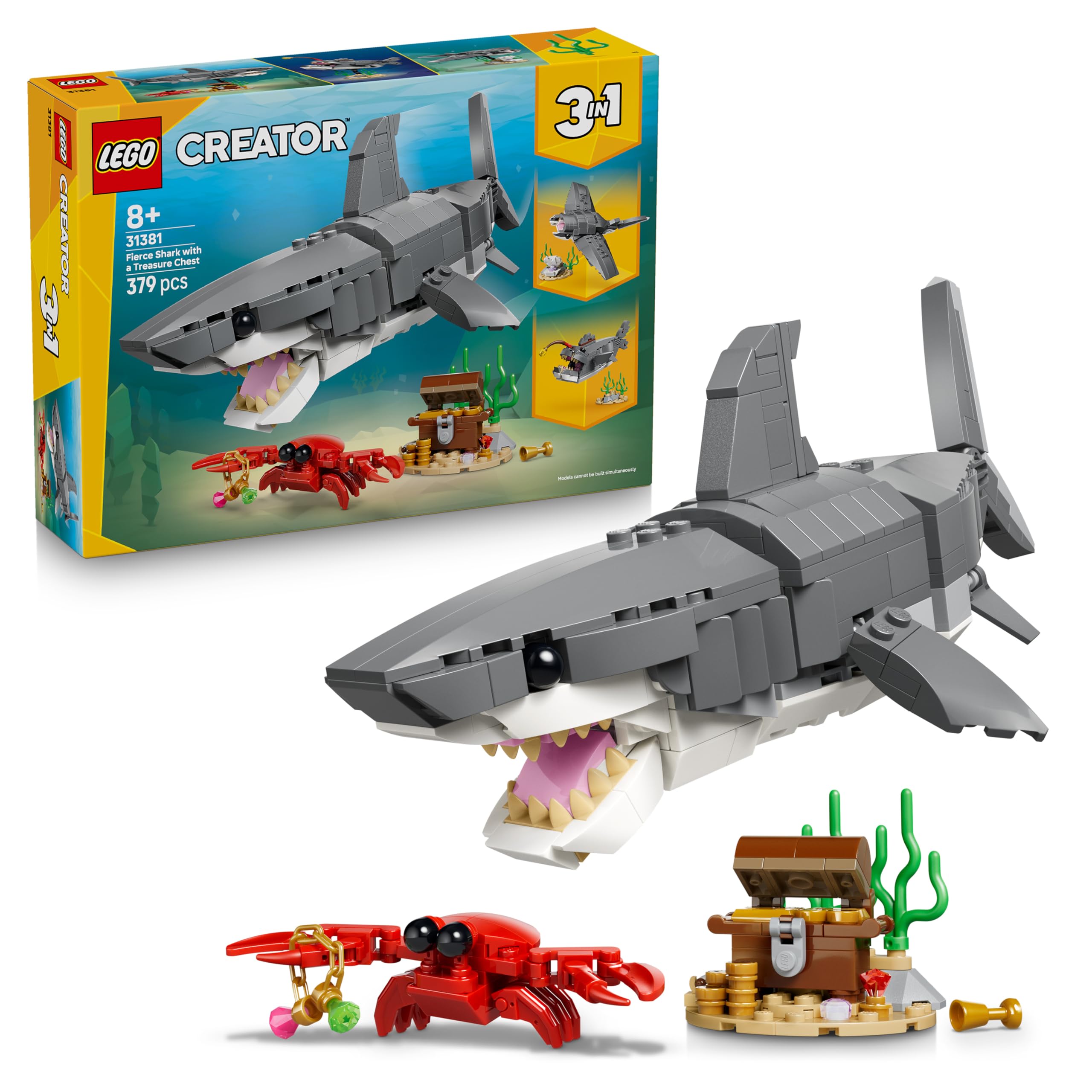LEGO Creator 3 in 1 Squalo con Scrigno del Tesoro Giocattolo - Animale Marino Trasformabile in Rana Pescatrice o Manta - Decorazione Camera da Letto - Regalo per Bambini e Bambine da 8 Anni - 31381