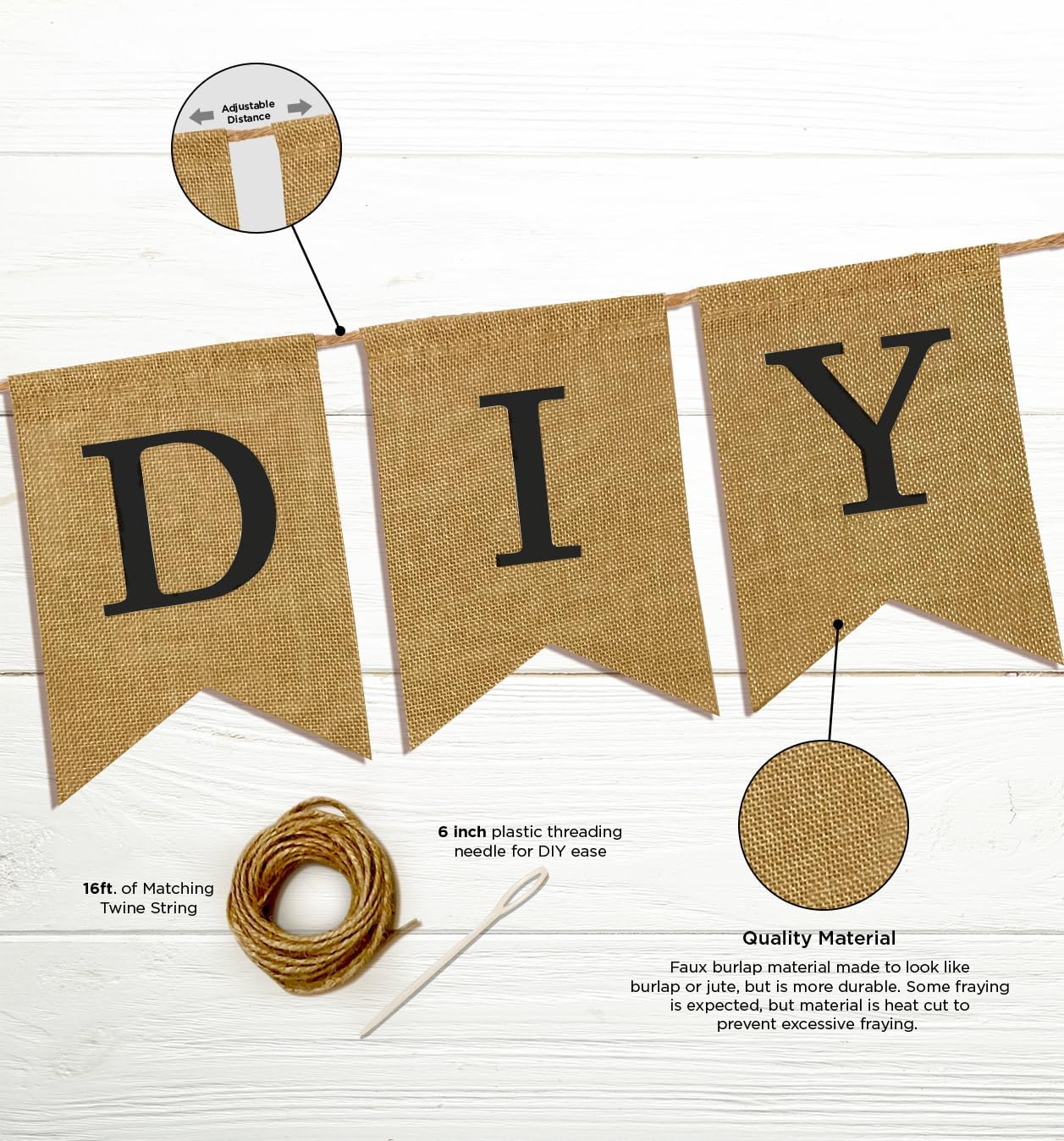 Custom Banner Kit, 97 Burlap Flags, BLACK Pre Printed Letters & Numbers, 120ft Twine String & Needle, DIY Customizable Personalized Banner, Faux Durable Burlap