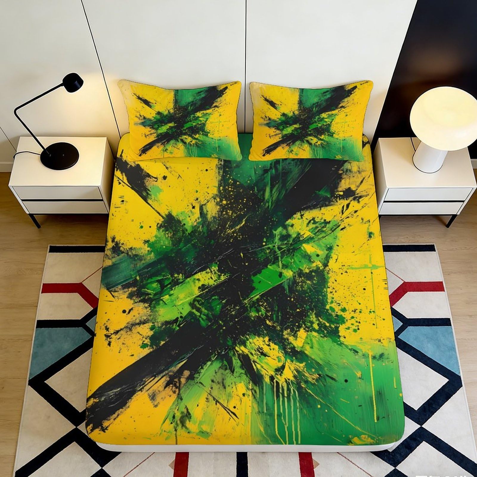 3D Printed Abstract Splash Art Fitted Sheet Microfiber Yellow Green Mattress Cover Anti-Slip Machine Washable for Bedroom Guest Room 90x200x25cm