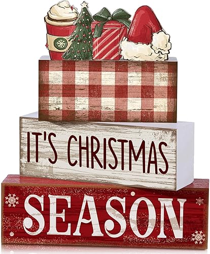 Miniatura 63 de 4 piezas de decoración de mesa de Navidad de madera de Papá Noel, decoración de bandeja escalonada de Navidad, letrero decorativo de bloques de Papá
