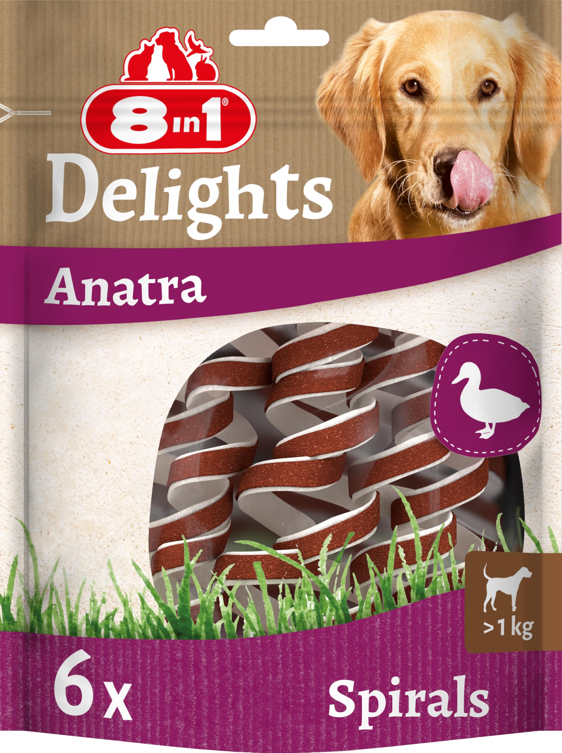 8in1 Delights Duck Spirals - Snack masticabile sano per cani, carne di anatra di alta qualità avvolta in pelle di manzo, 6 pezzi