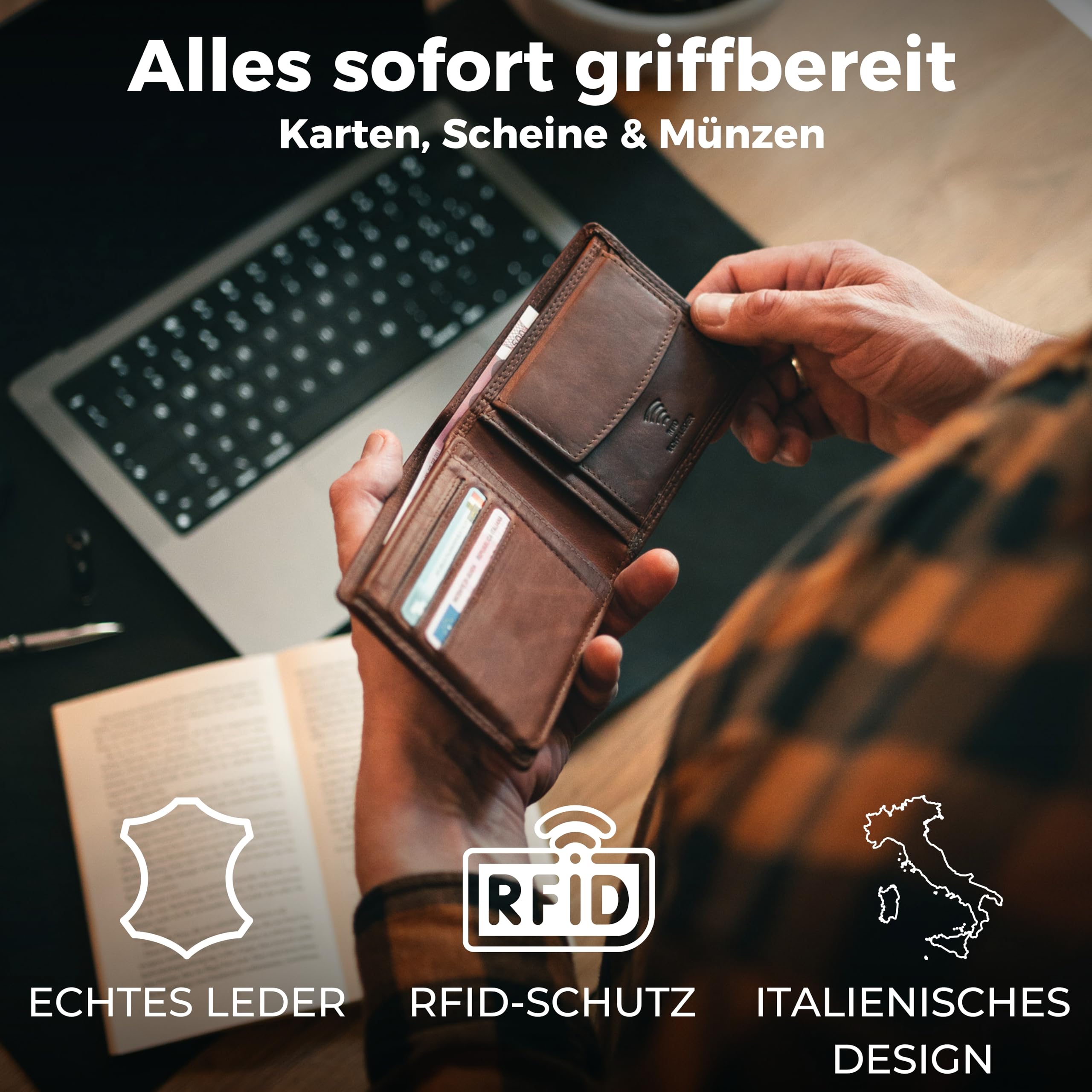Baur Herren Geldbörse – Echtes Leder mit RFID-Schutz – Klassisches Vollleder-Portemonnaie im Querformat mit 6 Kartenfächern und Münzfach (Querformat Standard, Dunkel Braun)