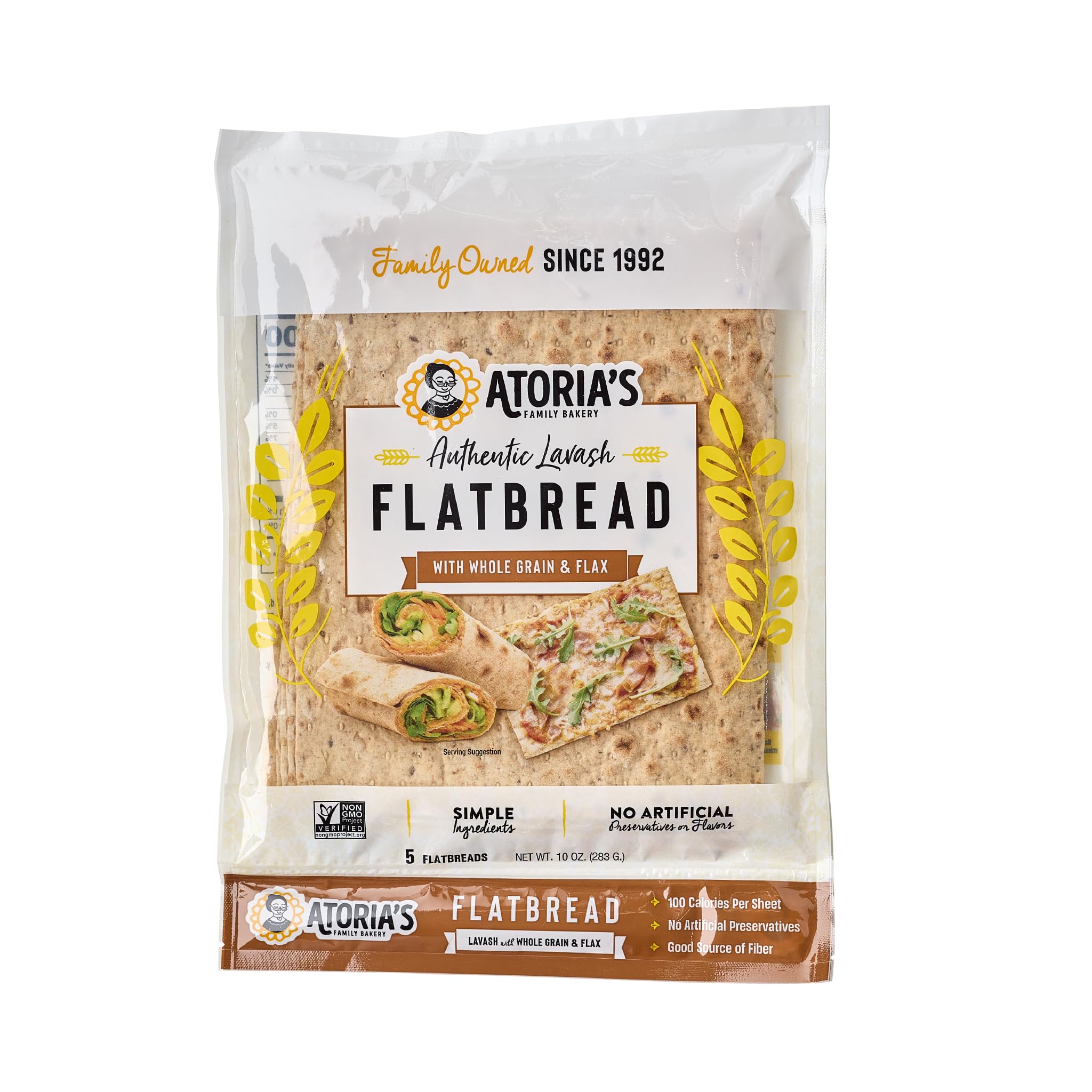 Atoria's Family Bakery Whole Grain & Flax Lavash Flatbread 10 Pack | 50 Individual Lavash Wraps | Fresh Baked, All Natural, GMO Free, and No Artificial Preservatives or Flavors 10-Packs of 5 Sheets (50 Sheets)