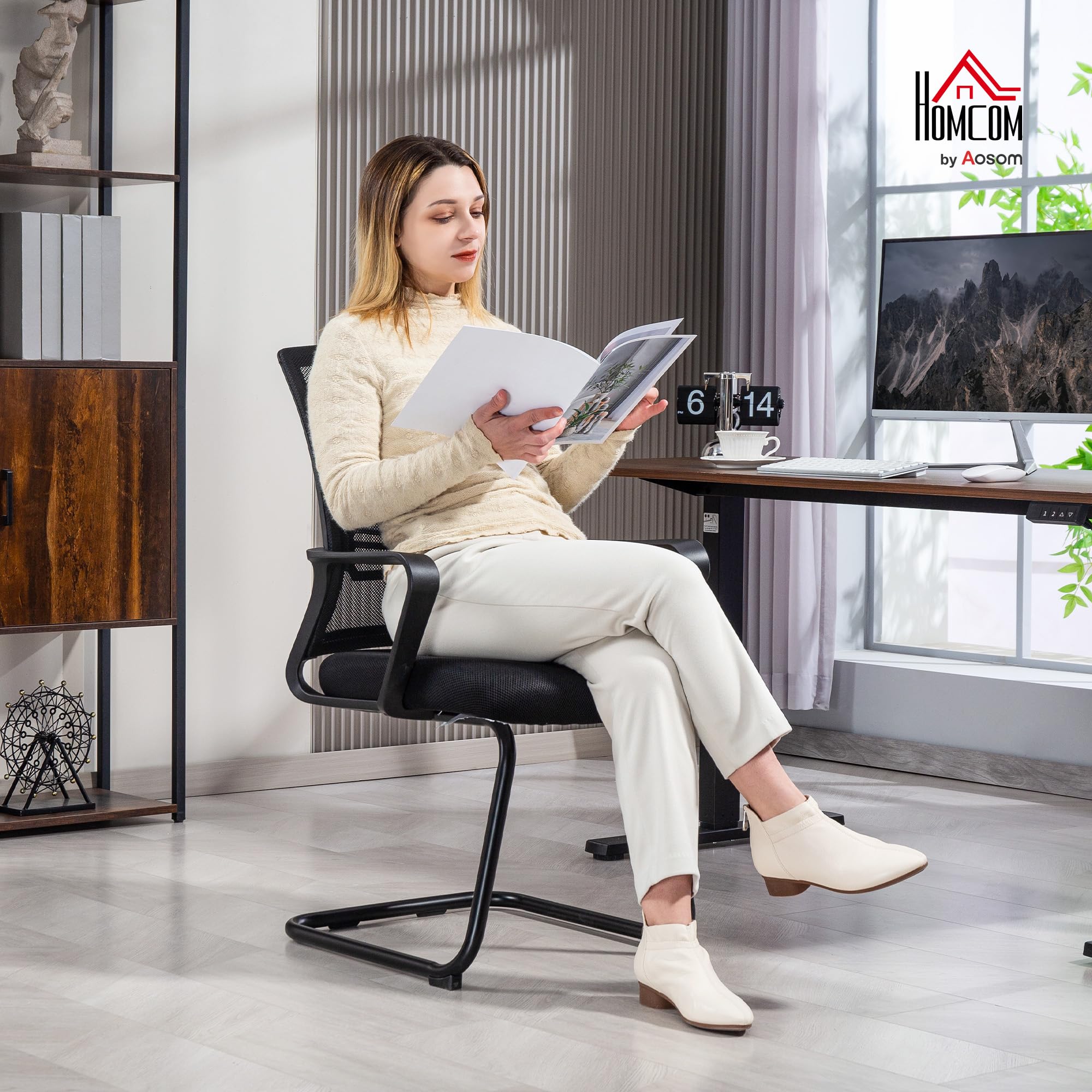 HOMCOM Sedia da ufficio a rete Sedia da ufficio senza rotelle, sedia ergonomica per riunioni con base a slitta, per sale conferenze, camere da letto, aree d'attesa, aree di ricevimento, nera
