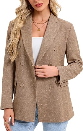 Womens Double Breasted Blazer Jacket Long Sleeve Notched Lapel Suit Coat with Flap Pockets for Work Office Business Casual
