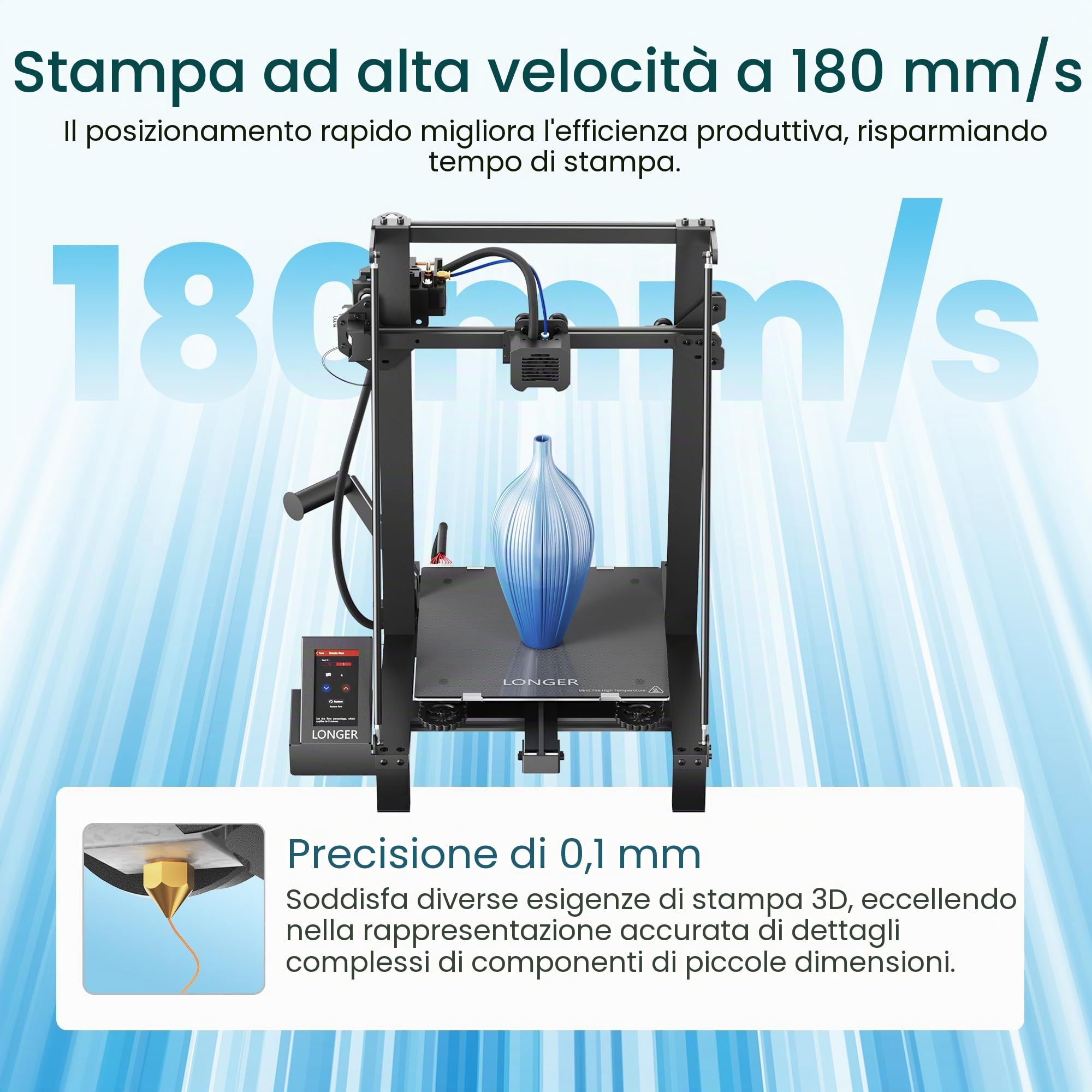 LONGER LK5 Pro Stampante 3D, preassemblata al 90%, volume 300×300×400 mm, piano in vetro riscaldato, scheda madre silenziosa, tubo in teflon alta temperatura, open source.