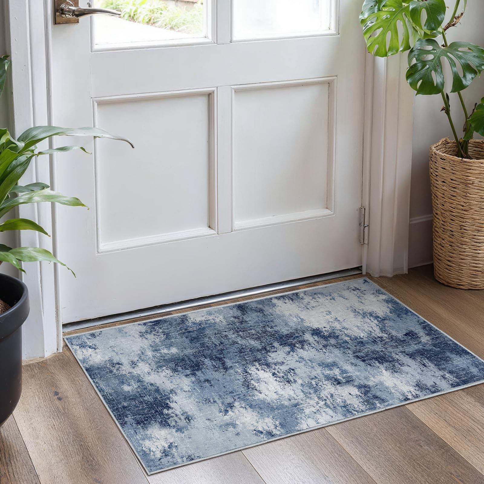 Amada 2x4 Modern Abstract Washable Area Rug in Dark Blue