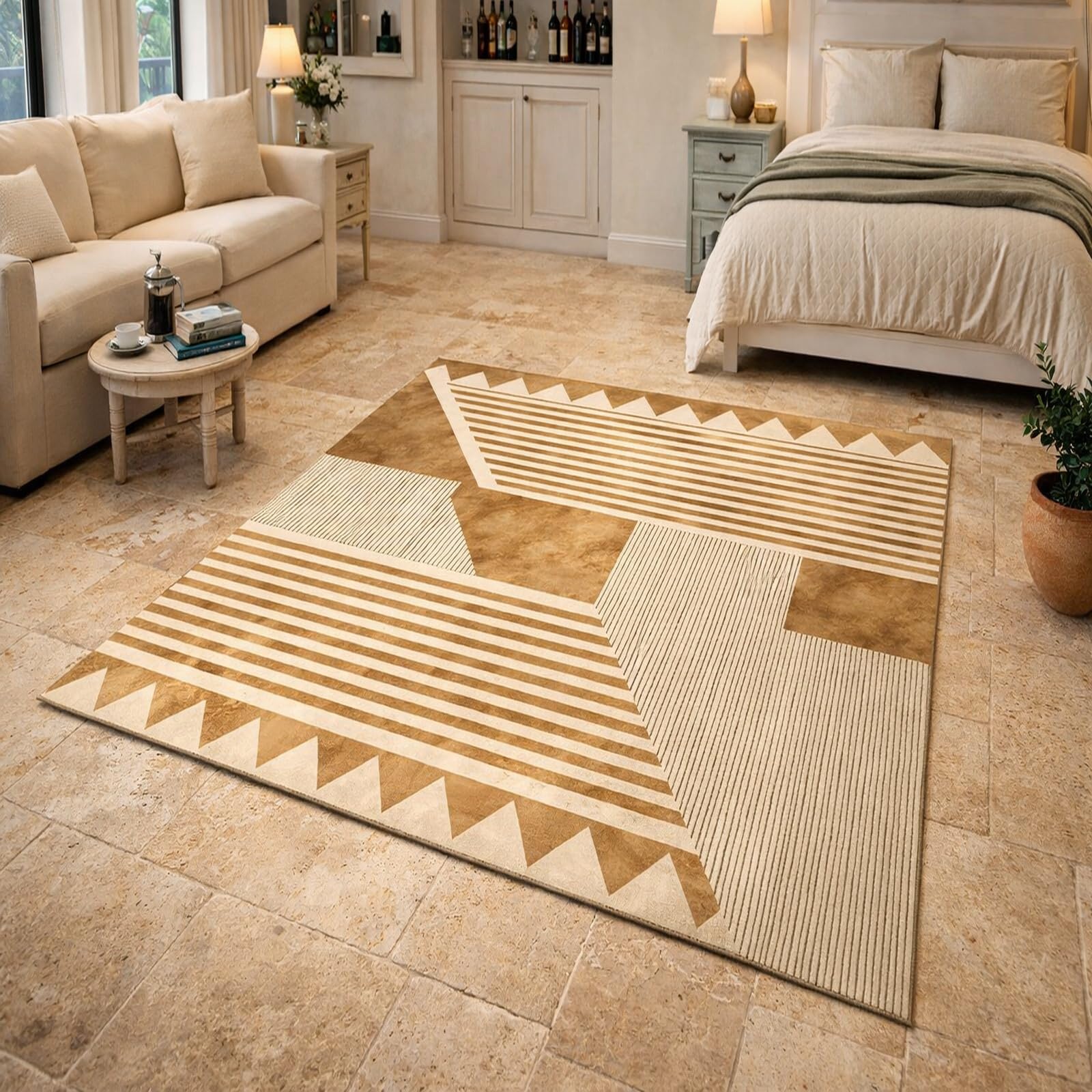 Alfombra de sala de estar moderna Rururug 160x200 lavable con dorado