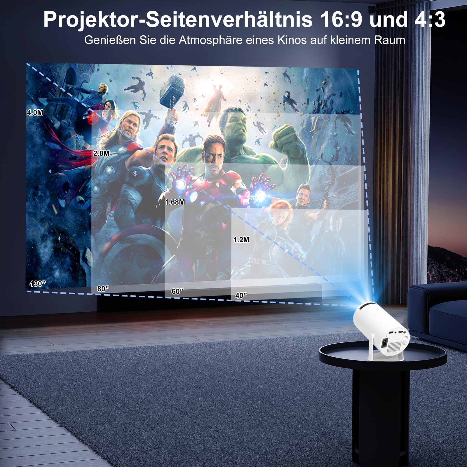 Mini Beamer 4K Unterstützt Android 11,Beamer Handy Outdoor 180°Drehbarer,Mini Projector 5G WiFi 6 BT 5.0,130 Zoll Geeignet für Telefon/PC/HDMI USB,Smart Projector für Handy Phone/TV Stick/Laptop/HDMIv