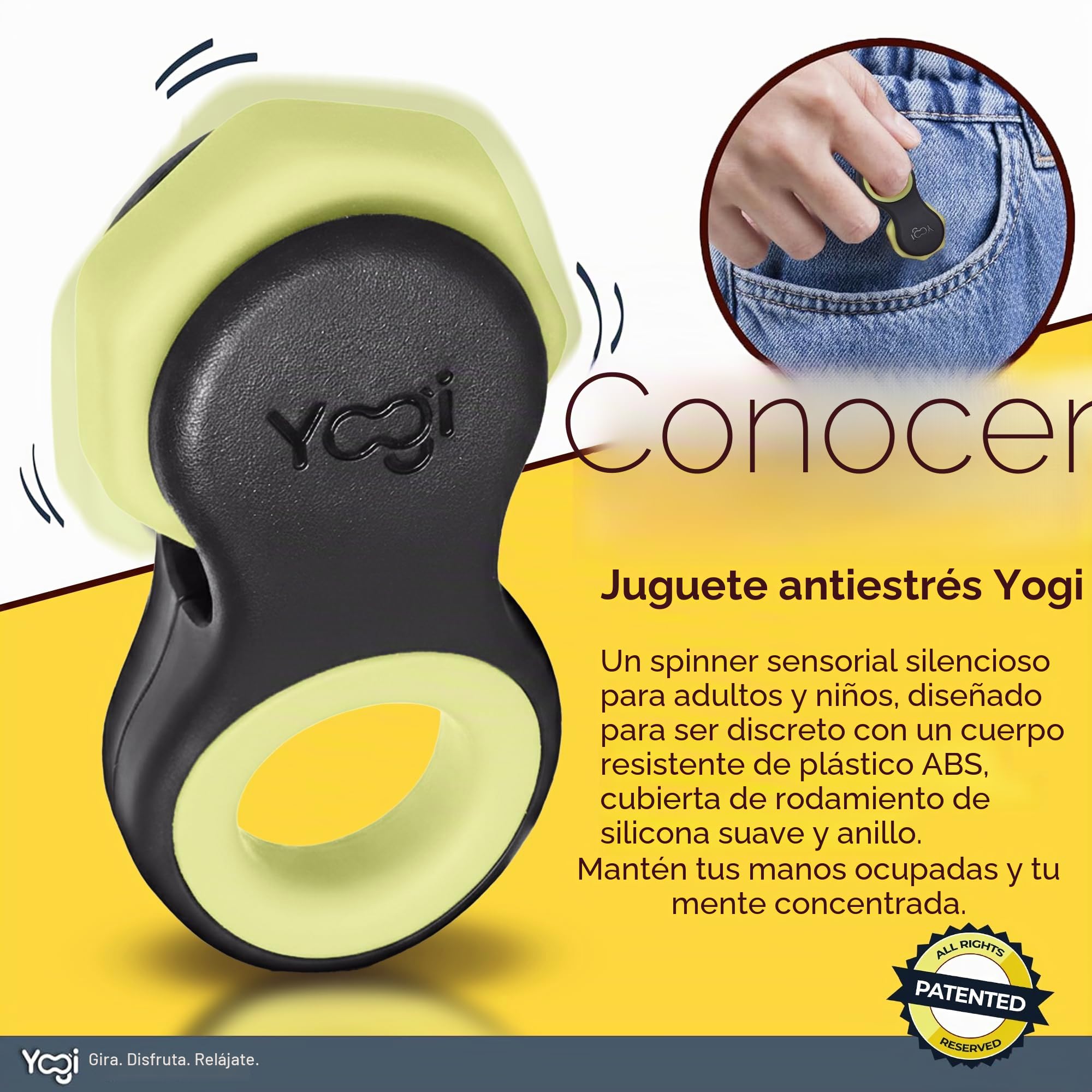 Yogi Juguete antiestrés, hilanderos para Adultos, Alivio de la ansiedad, ADHD, Add y Autismo, Juguetes silenciosos para Adultos y niños, Cinco tamaños de Anillo (Schwarz Gelb)