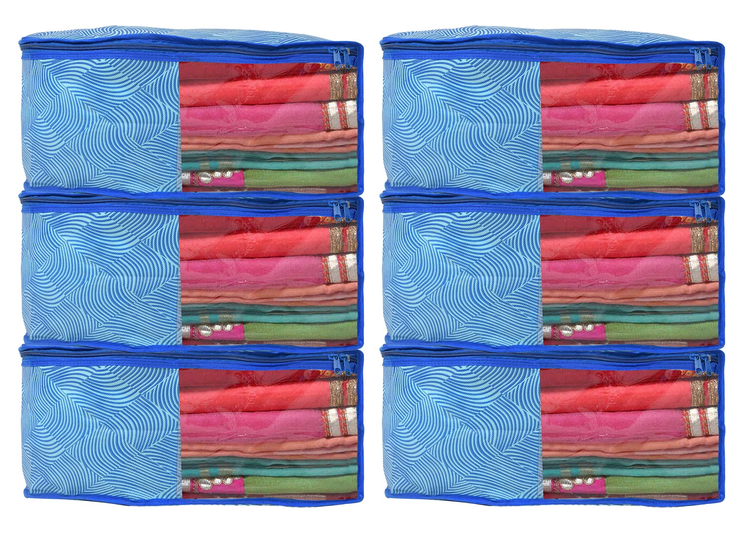 Kuber Industries Lahariya Printed Non-Woven Blouse Cover Wardrobe Organiser Clothes Storage Bag With Front Window- Pack of 6 (Blue)-44KM0550