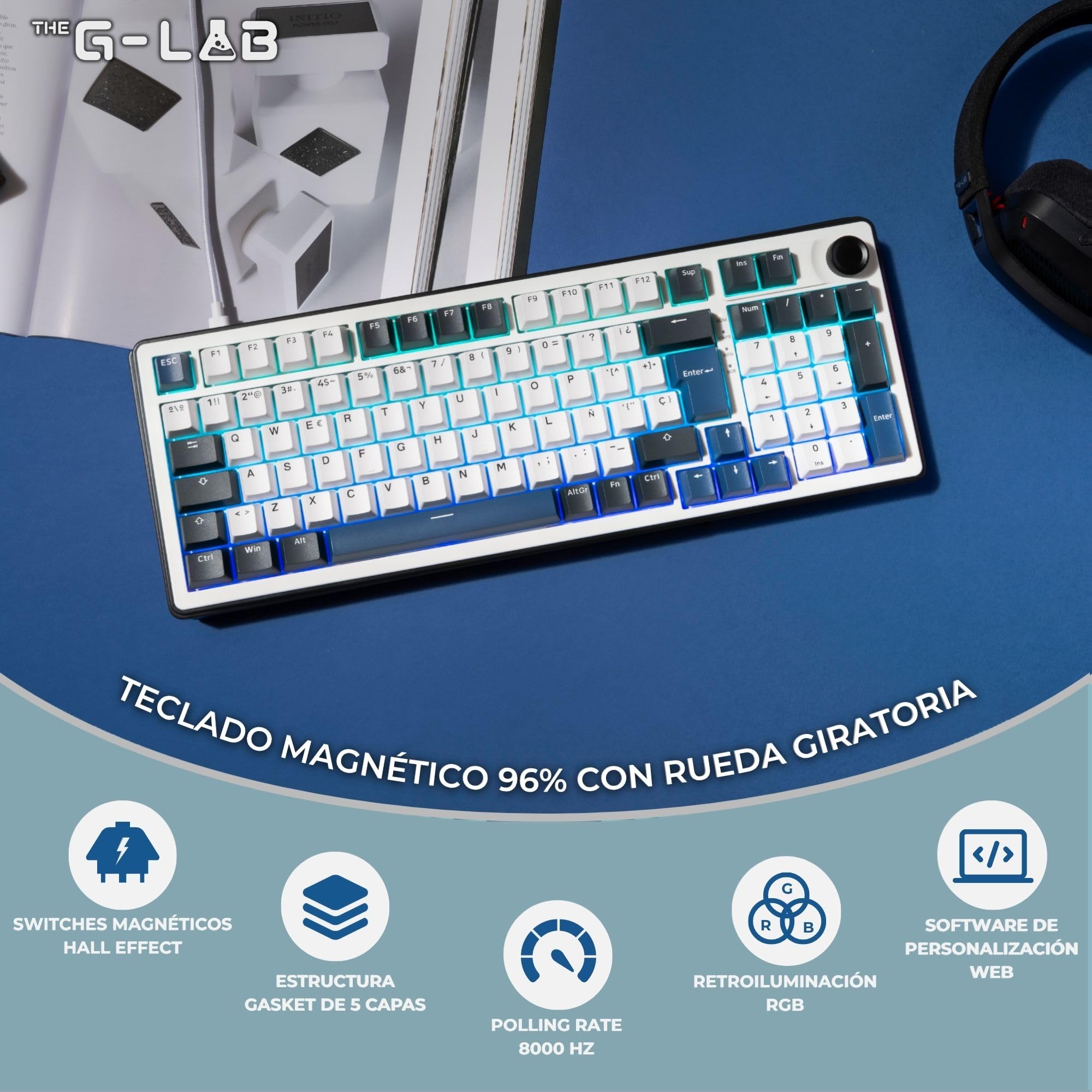 The G-Lab KEYZ Elite 400 HE BW Magnetic Hall Effect Tastiera 96% QWERTY con Ñ, 8000 Hz, attivazione rapida, attivazione regolabile, tastiera da gioco, hot swap, RGB e personalizzabile