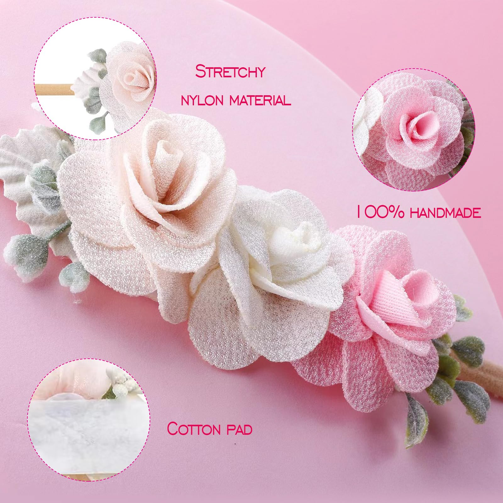 2 Fascette Capelli Neonata Con Fiori - Cerchietti In Pizzo Rosa E Bianco Per Battesimo E Feste - Foto 2