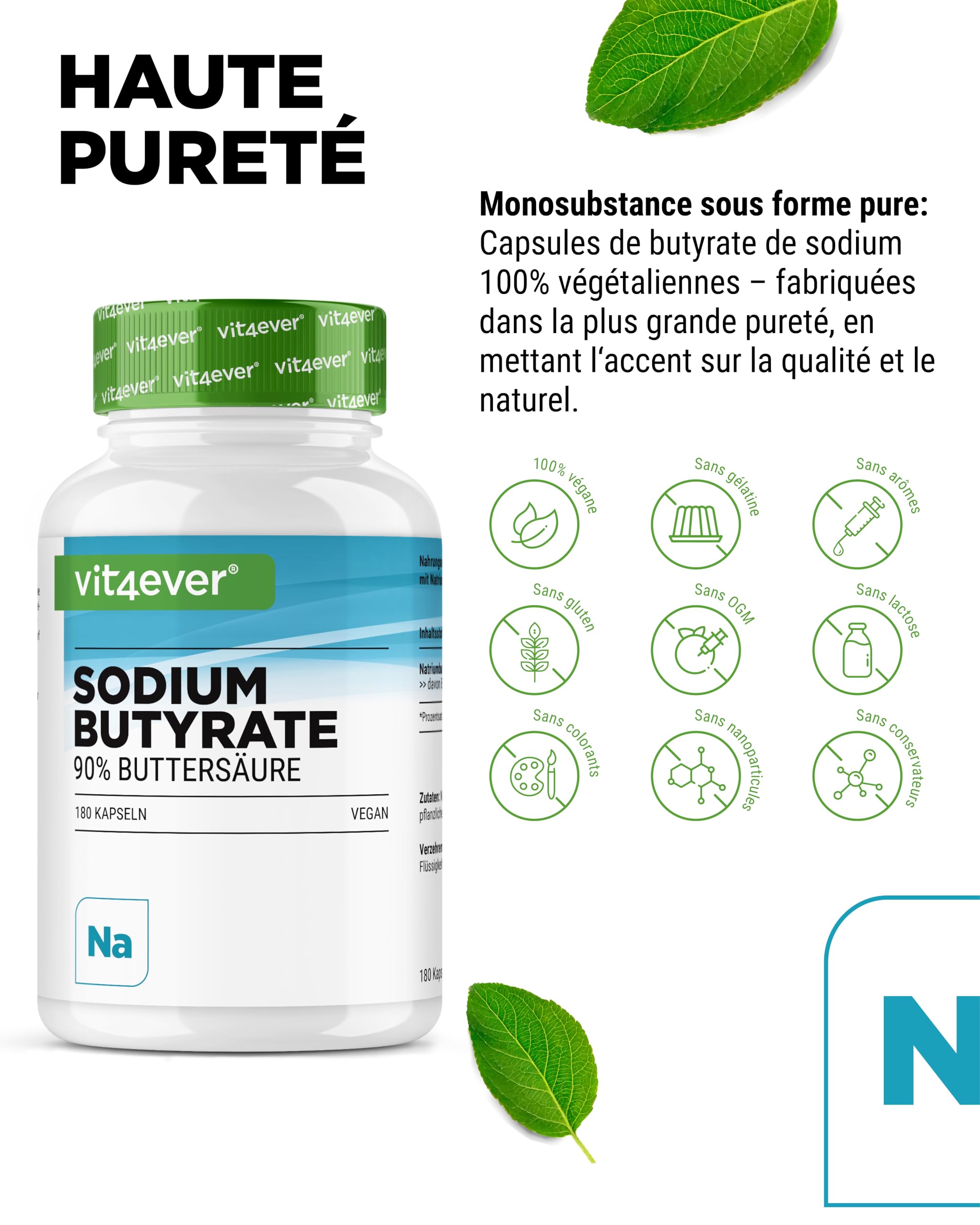 Butyrate de sodium - 180 gélules de 600 mg - Premium : 90% d'acide butyrique - Butyrate de sodium pur sans additifs indésirables - Hautement dosé, végétalien