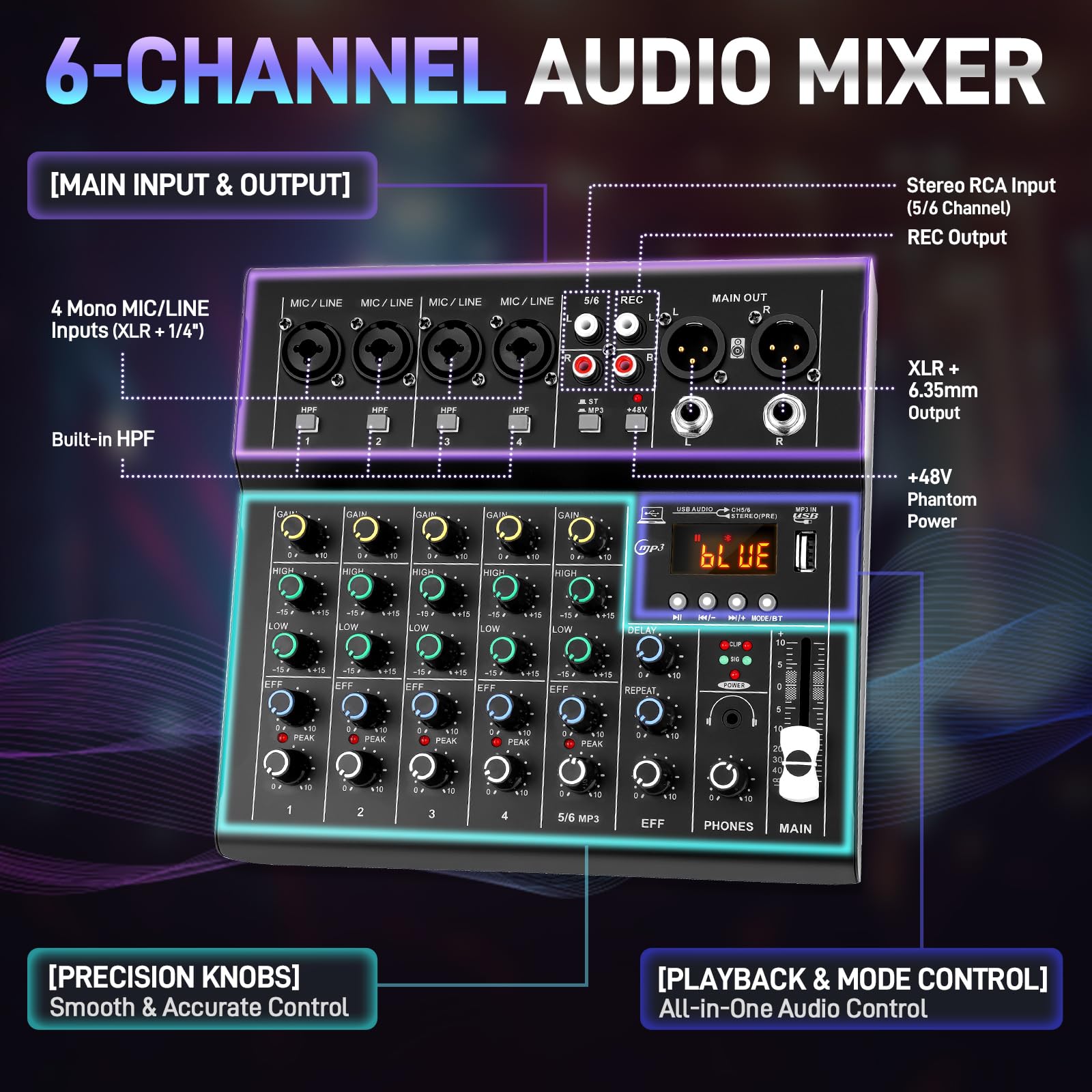 Mixer audio DJ a 6 canali con Bluetooth, scheda audio USB/MP3, effetti DSP integrati e alimentazione phantom 48V, console di mixaggio compatta per karaoke, podcast, live streaming e registrazione in