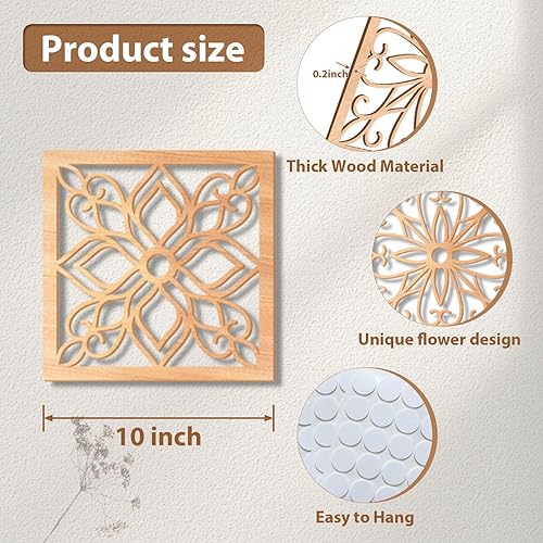 Miniatura 3 de KOYILTD 4 piezas gruesas de decoración de pared rústica, arte de pared tallado con flores, diseño hueco de madera tallada (cuadrado, 10 pulgadas)