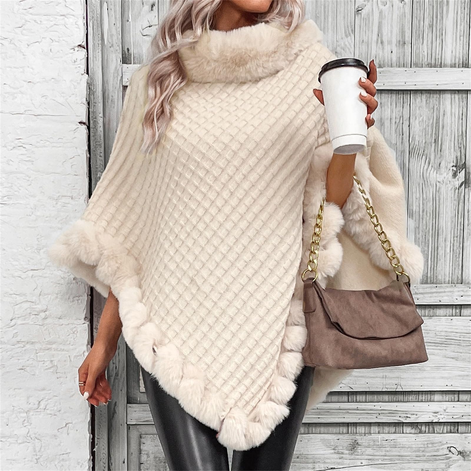 Poncho mit Kunstfellbesatz, eleganter Cape-Mantel mit Kunstfellkragen und Besatz, Winter, warm, gestrickt, Stola, Schal für Damen