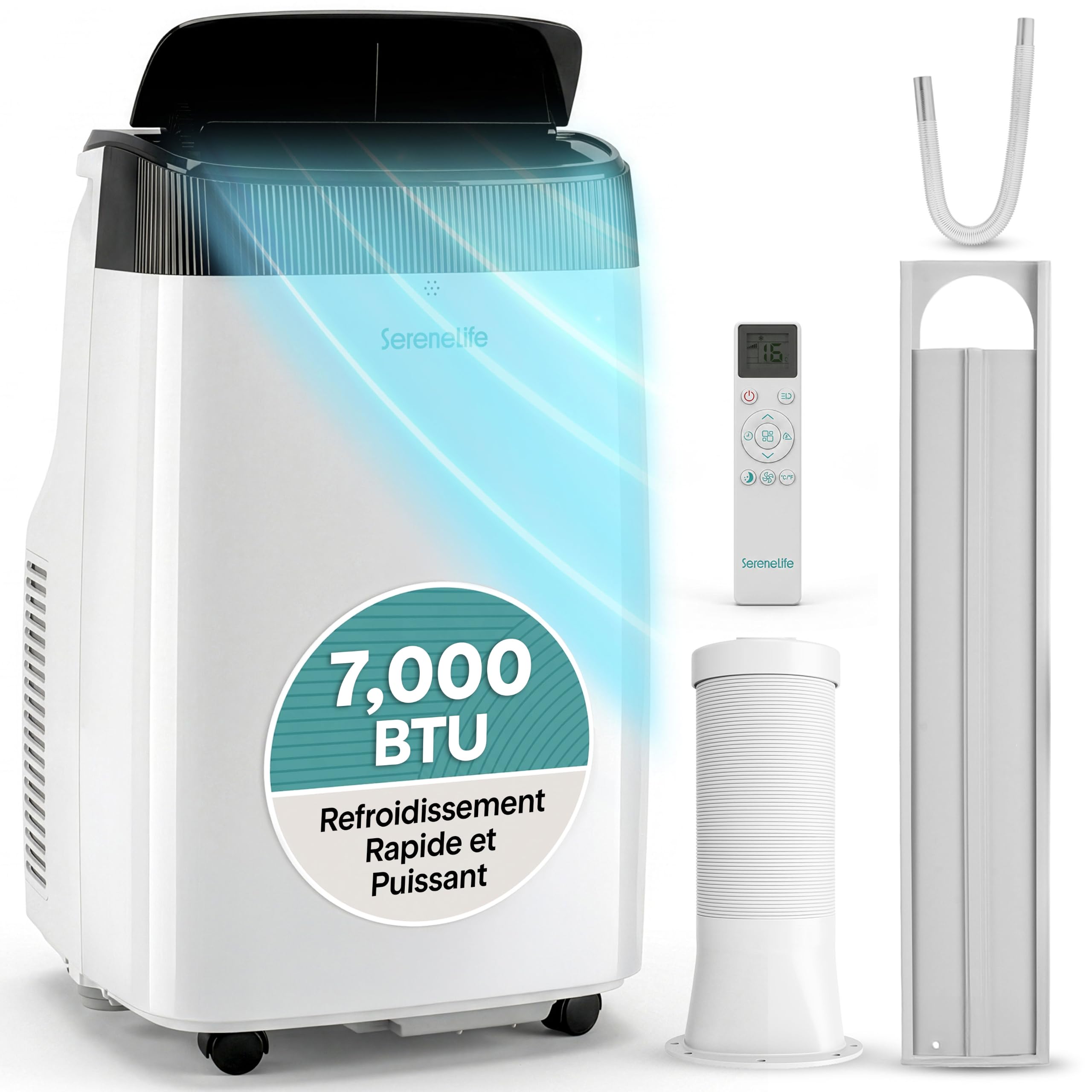 SereneLife Climatiseur Mobile Silencieux,7K BTU, Climatiseur Portable 3-en-1 avec Fonction Déshumidificateur Intégrée, Mode Ventilateur, Télécommande, Kit d'Évacuation Complet pour Fenêtre,Blanc