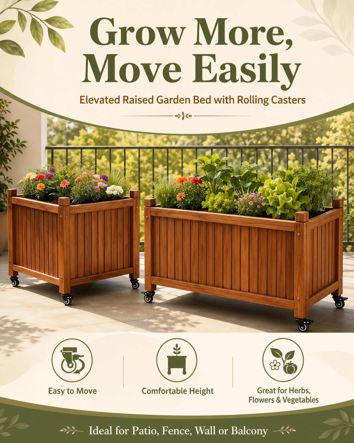 Letto da Giardino Rialzato con Ruote E Vasca Lunga Rettangolare, Cassone Orto Lungo Muro, Vaso per Fiori per Erbe, Fiori E Verdure su Patio E Terrazza Esterna,45 * 45 * 65cm/17 * 17 * 25in