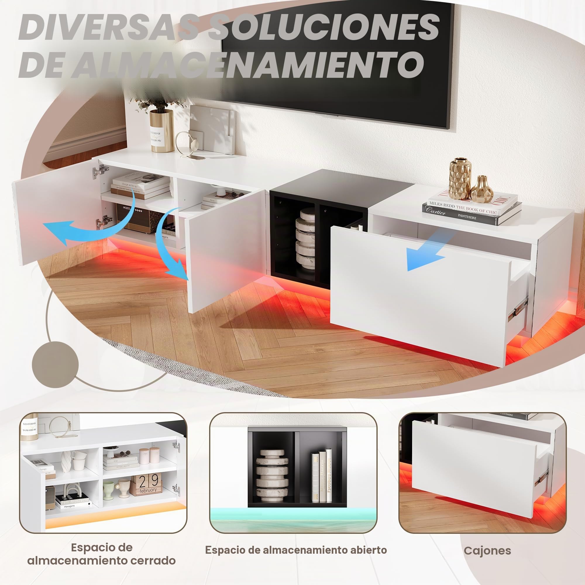 Azkoeesy Mueble de TV con iluminación LED de 190 cm, con cajón y puerta de armario, mueble de TV para salón, color blanco y negro (190 x 40 x 35 cm)