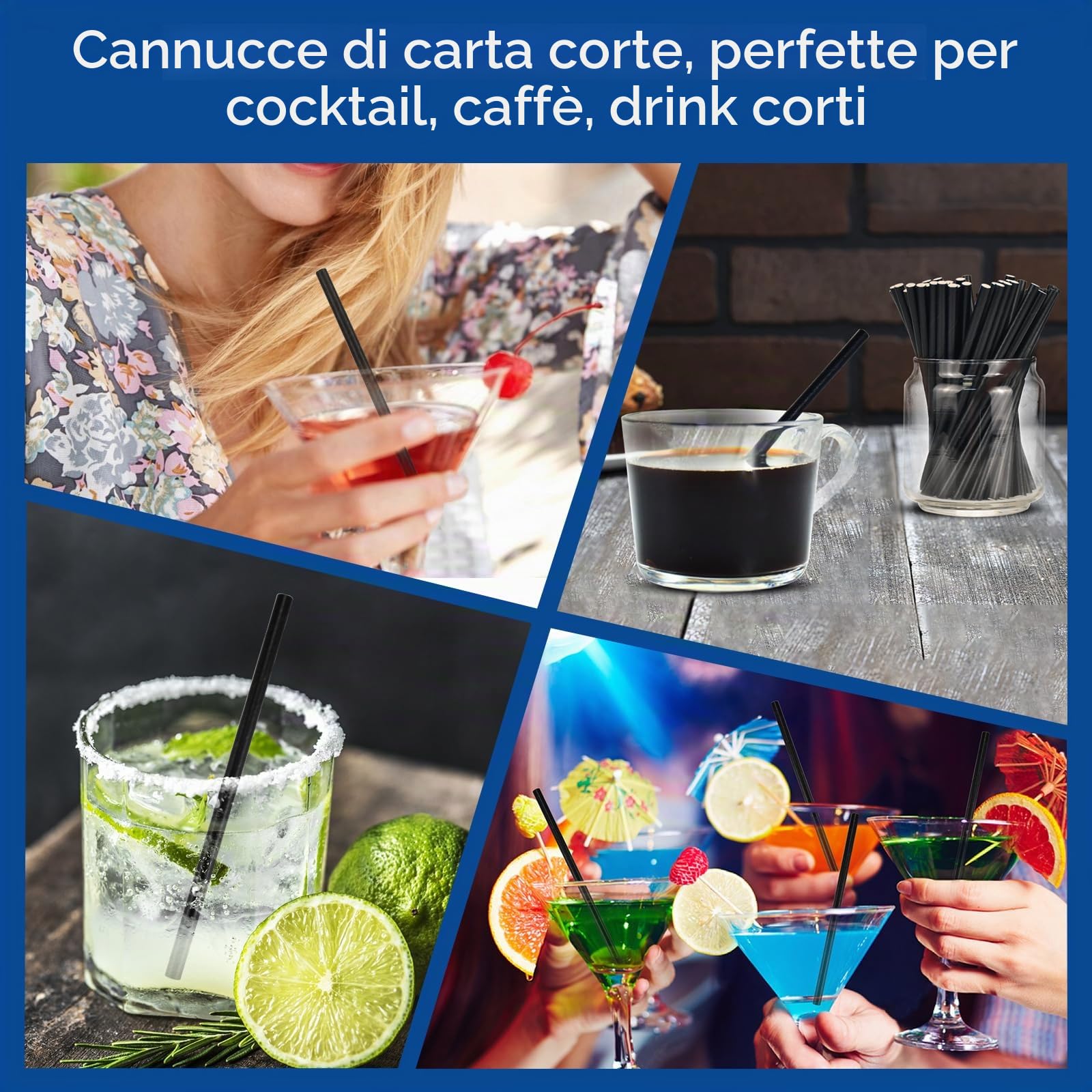 Confezione da 500 cannucce e bastoncini per cocktail ecologici in carta nera – 14,6 x 0,6 cm, per casa, bar e ristoranti