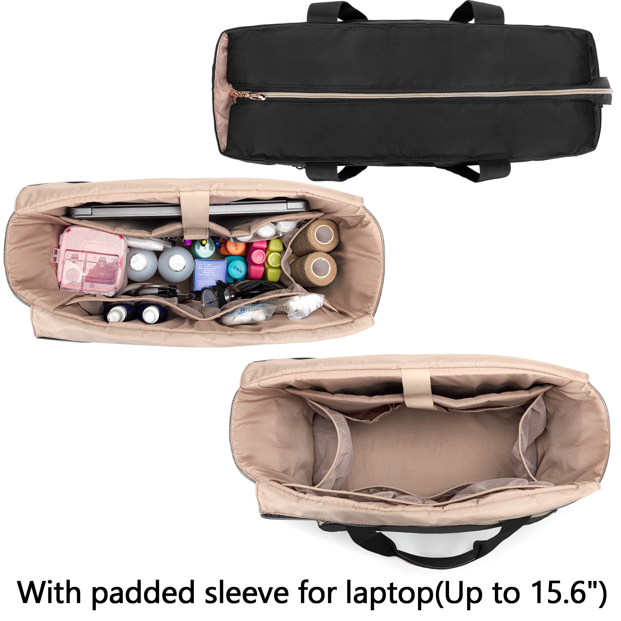 CURMIO Sac infirmière, Sac de Fournitures médicales Portable avec Pochette rembourrée pour Ordinateur Portable pour Les visites à Domicile, Les Soins de santé, Sac Seulement, Noir