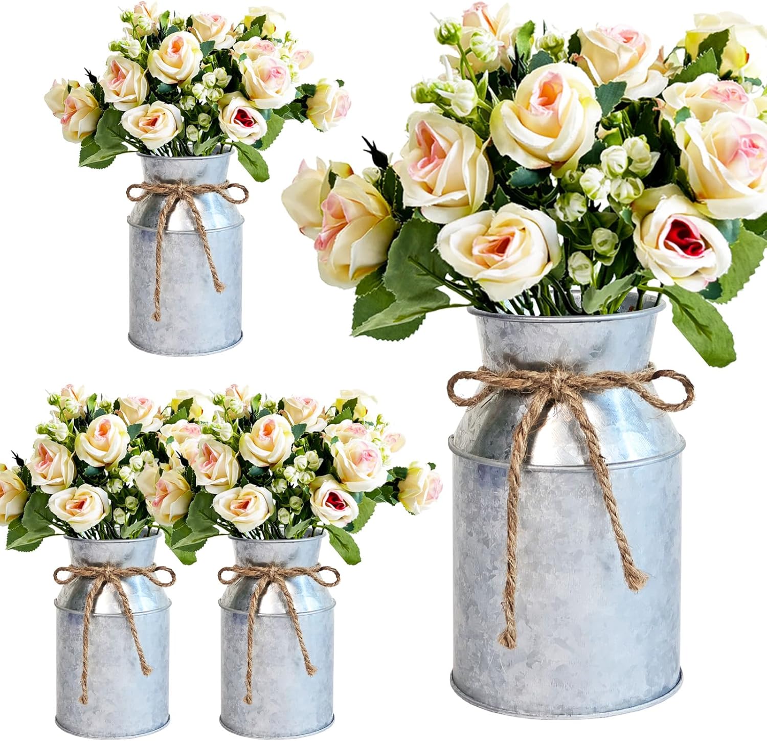 4 Sets Farmhouse Wedding Flower Centerpiece for Tables Decorations, Rustic Artificial Roses Bouquet with Metal Galvanized Vase Pot for Party Bridal Shower Party Event (Silver Vase & Champaign Roses)