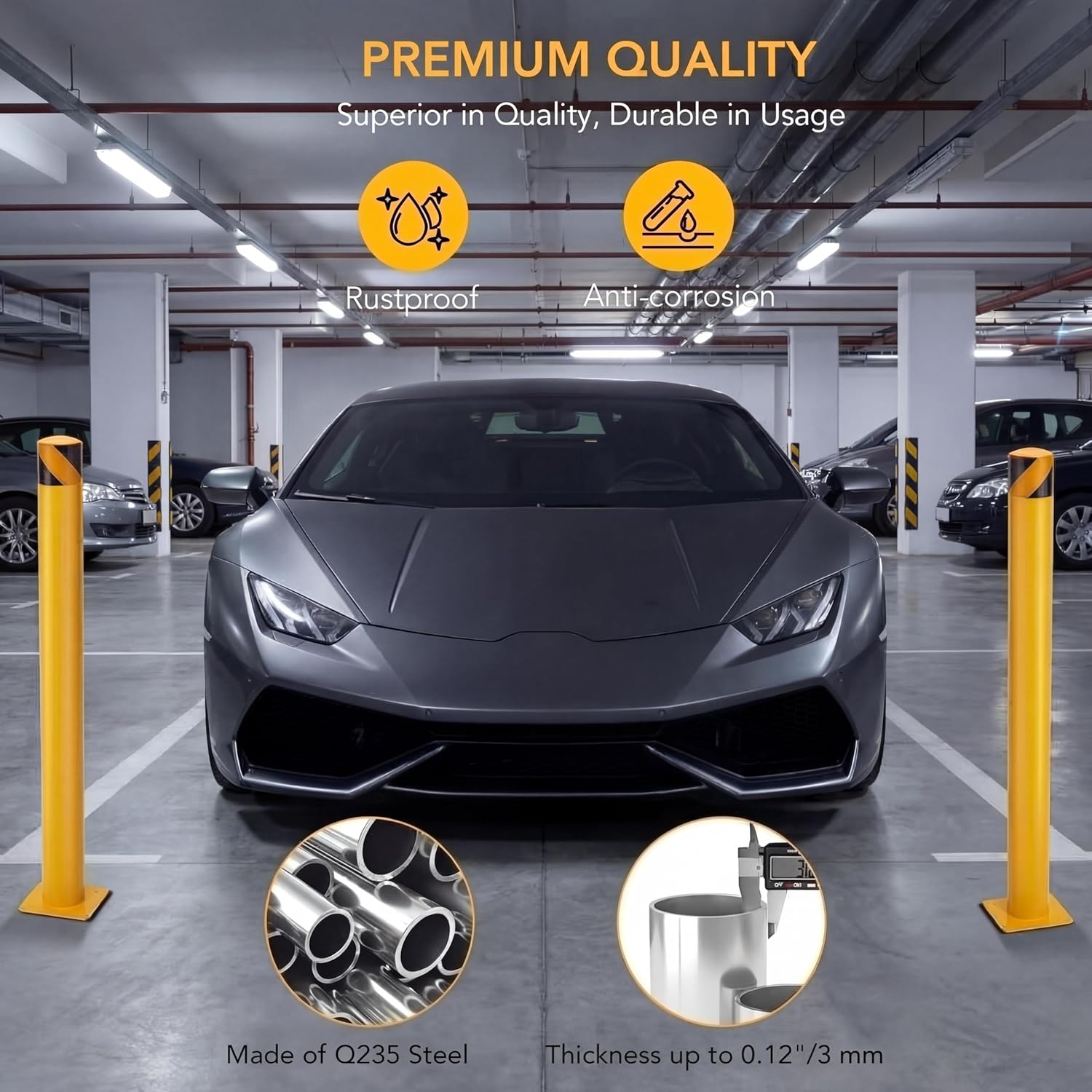 42 in Tall Heavy Duty Safety Bollard Post, Parking Bollard Post, 4.5 in Diameter Steel Barrier with Mounting Base and 4 Anchor Bolts, Yellow Powder Coated for Driveway, Warehouse