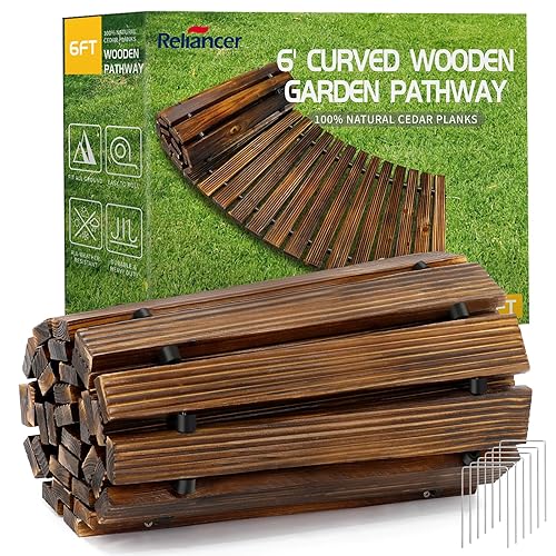 RELIANCER 6' Wooden Garden Pathway,Outdoor Roll Out Cedar Curved Walkway,Patio