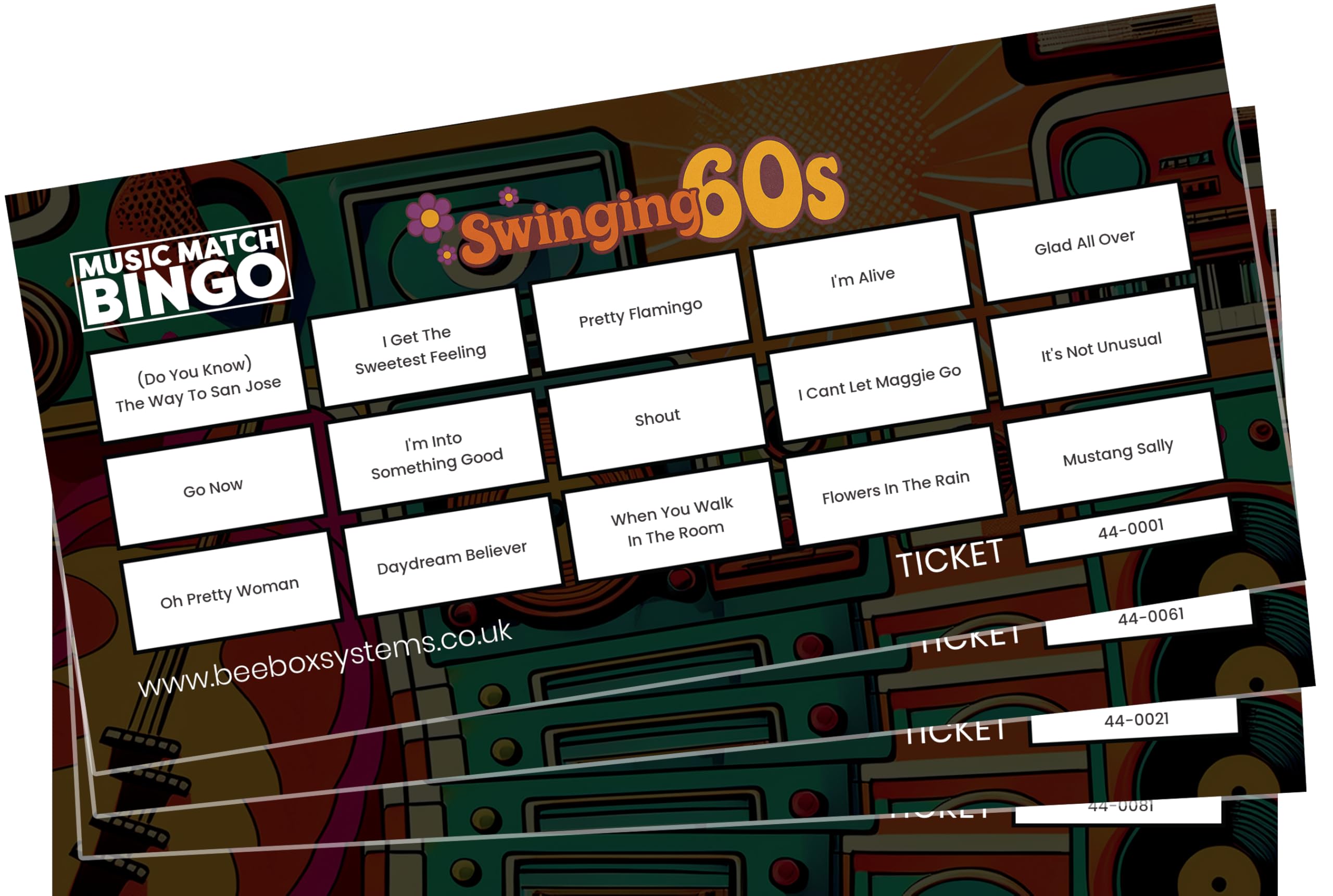 BeeBox Music Match Bingo Game Tickets, 120 Tickets Per Pack (Swinging 60s)