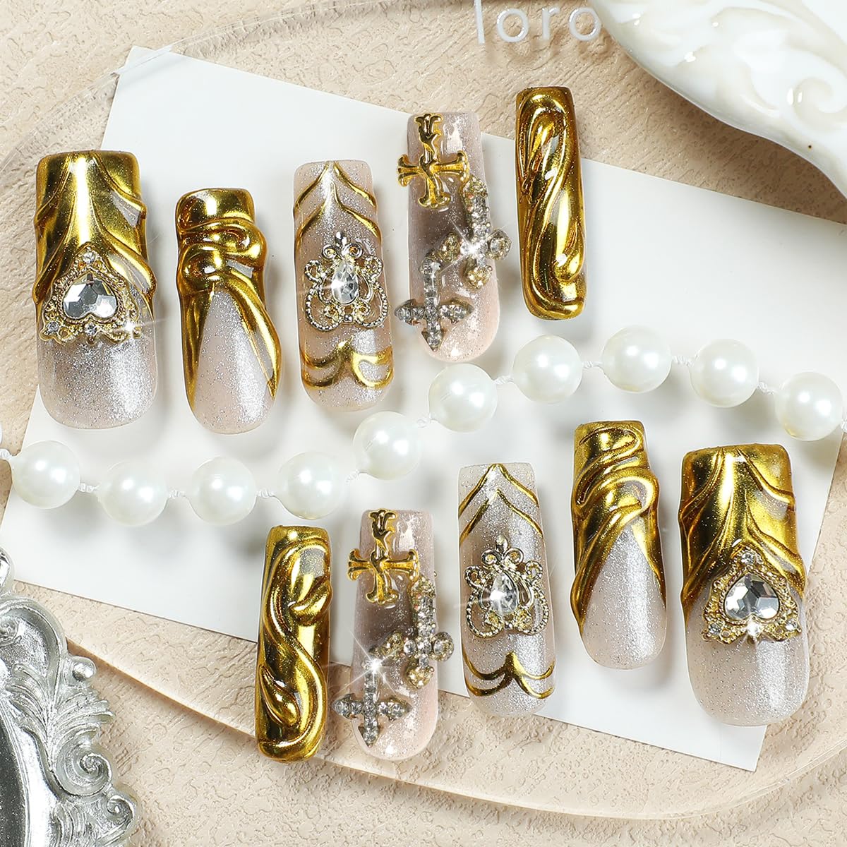 Handmade Long Square Press on Nails XL Magic Mirror Gold French Tips with 3D Cross Heart Charms, Glamorous Acrylic Fake Nails for Women, Full Cover Glue on Nails for Party Wedding