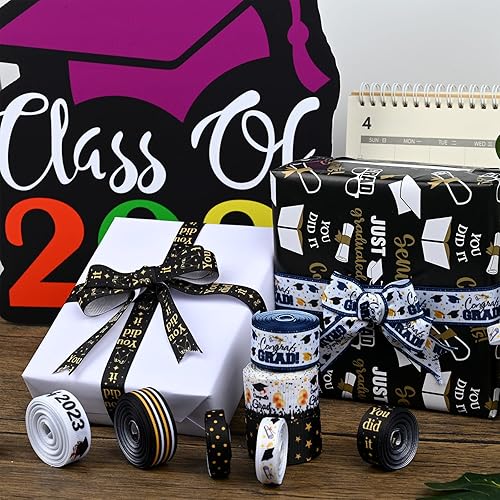Miniatura 4 de Cintas de grogrén de graduación de 40 yardas de 38 y 1 pulgada Clase de 2023 Cintas bronceadoras Felicidades Grad Cinta de envoltura metálica con
