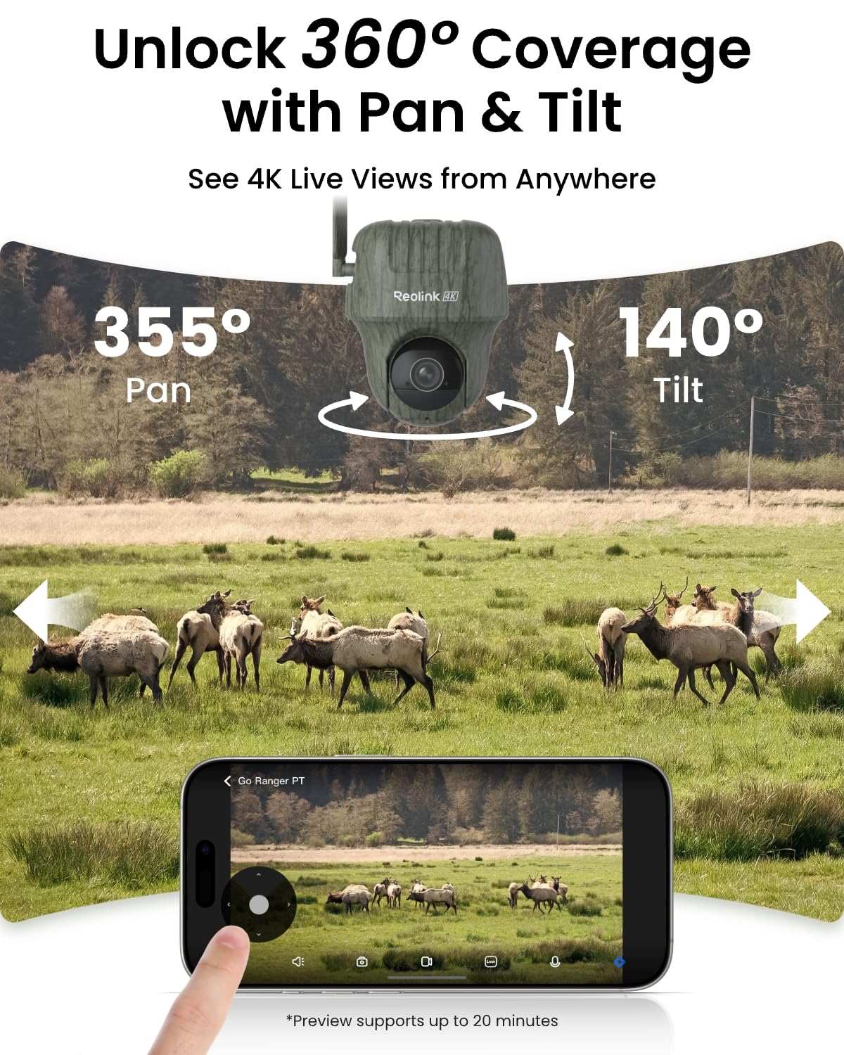 Reolink 4K Kamera Solar 4G LTE do Monitoringu na Zewnątrz z Nożycowym Mechanizmem, Widzeniem Nocnym i Detekcją Ruchu PIR, Rozpoznawaniem Zwierząt, Akumulatorem i Panelem Słonecznym + Karta microSD 32G
