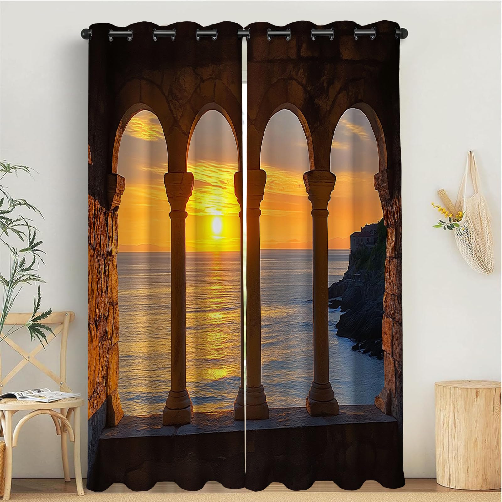 Rideau thermique motif coucher de soleil piliers mer isolant pour le salon