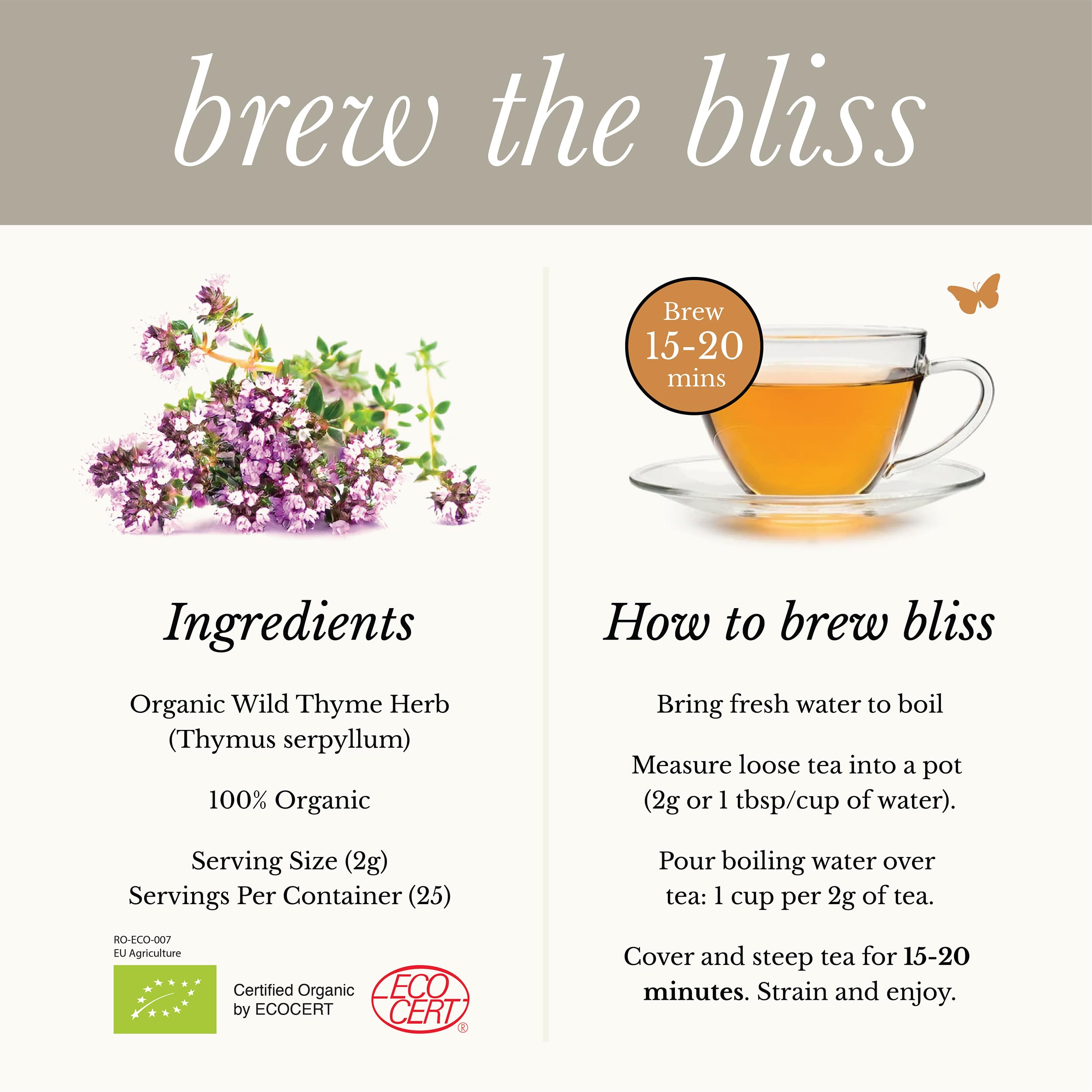 Wild Bliss Organic Wild Breckland Thyme Tea - Caffeine Free Loose Leaf Herbal Tea - Resipratory and Digestion Support - 1.76 Oz - 25 Servings