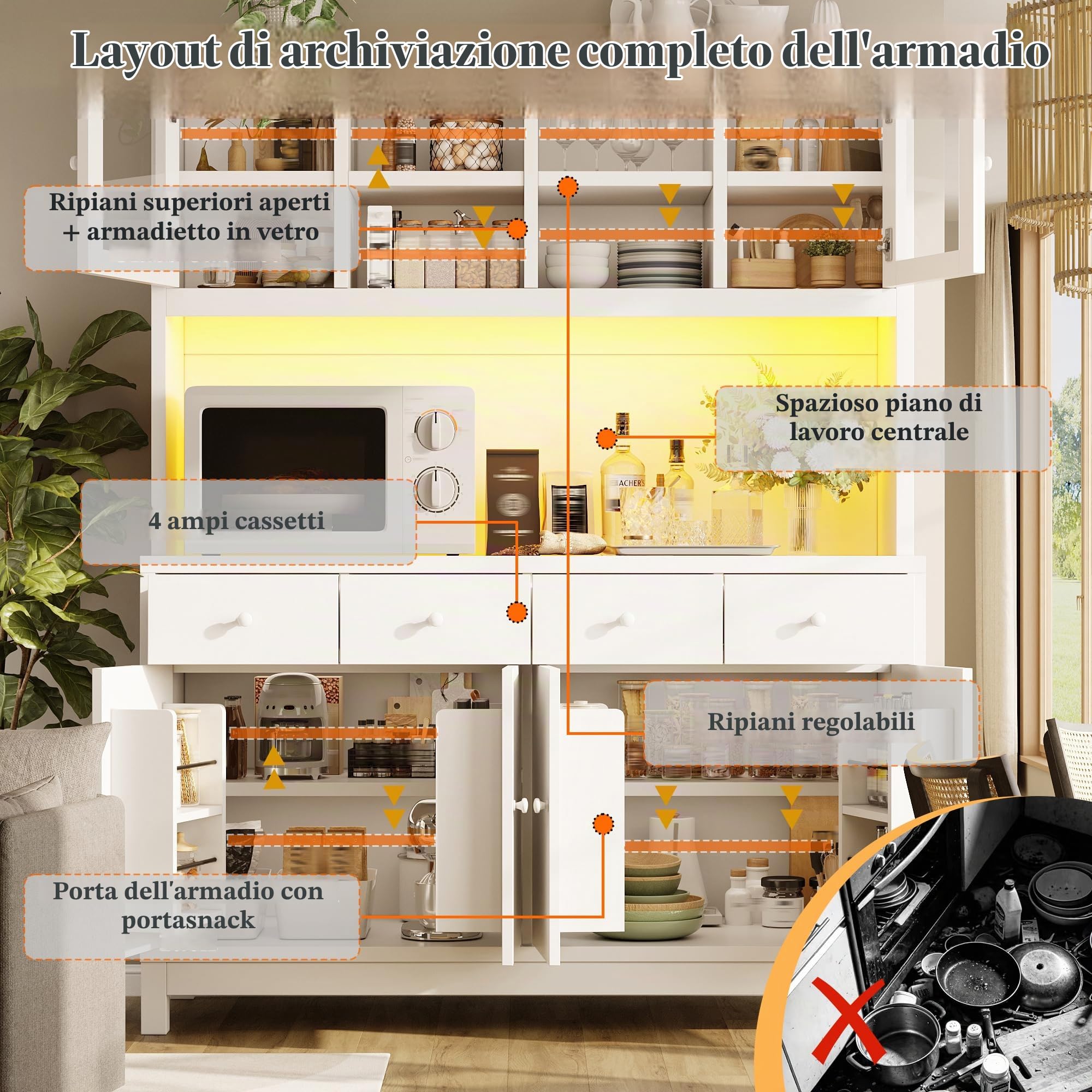 Armadio alto da 140 x 38,5 x 180 cm, ante in vetro, 4 cassetti, ripiani regolabili, effetto legno naturale, portata fino a 100 kg, bianco