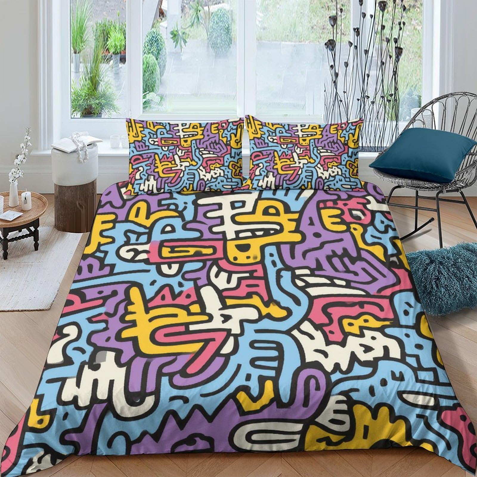 Ctjqhvkz Style-8 3D Printed Graffiti Art Fitted Sheet Microfiber Colourful Abstract Pattern Mattress Cover Non Slip For Bedroom Guest Room Single（135X200cm）