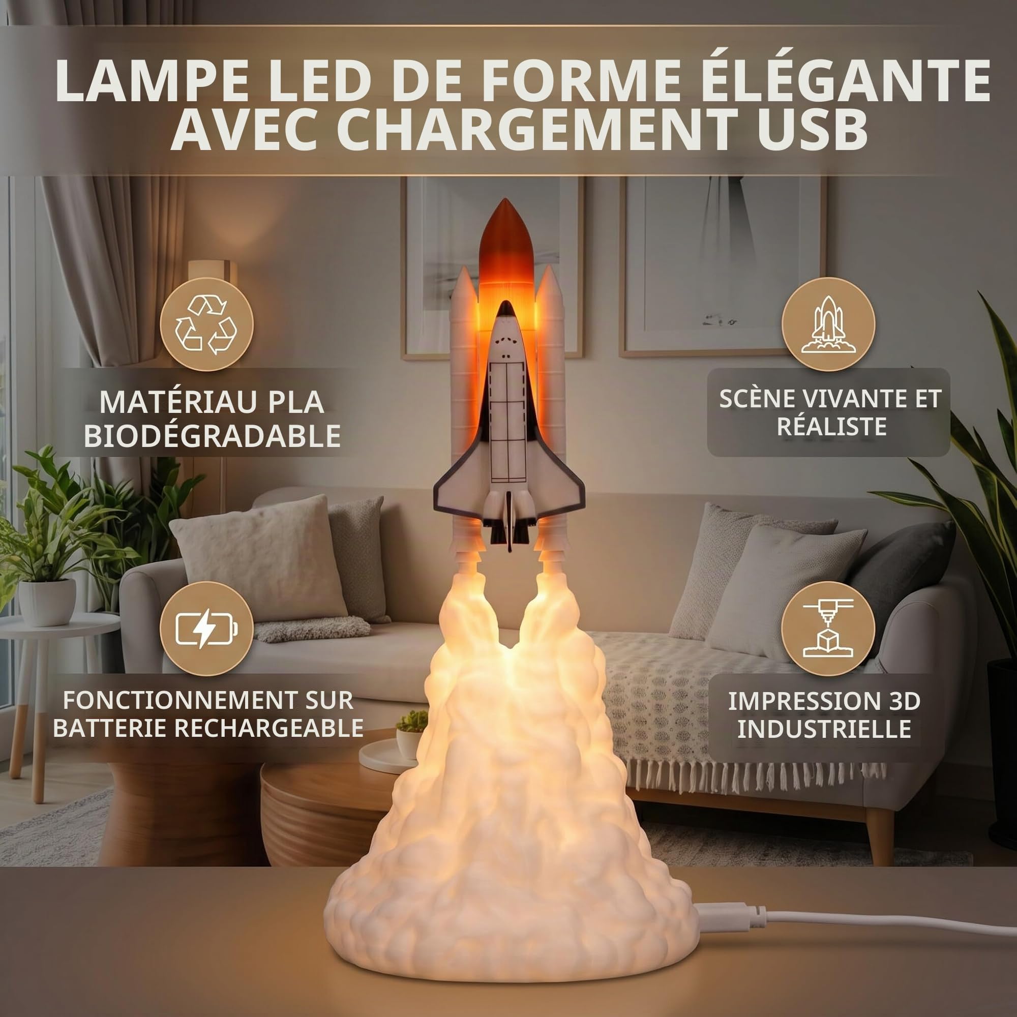 Veilleuse Fusée, 3D LED Veilleuse Lampe de Chargement USB Lampe Navette Spatiale Fusée Décorations de Bureau Anniversaire Décoration Lumineuse de la Maison