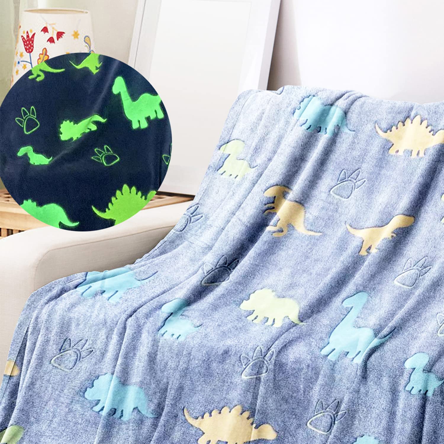 Manta infantil Brilla en la Oscuridad - Planetas - Dinosaurios - Luminosa juguetes sistema solar navidad regalos camas sofas rex niño bebe invierno polar suave grandes luna dino (DINOSAURIO2-XL)
