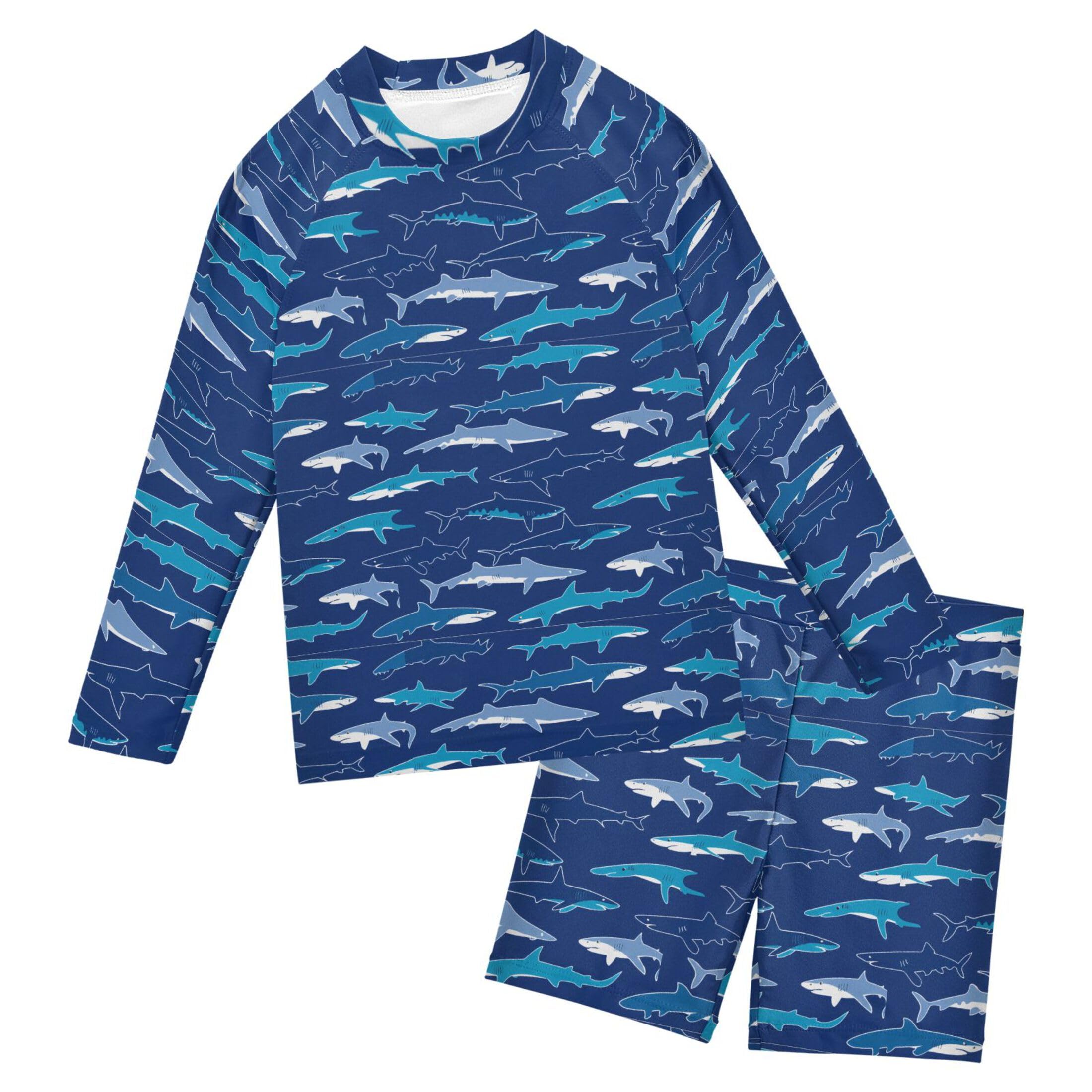 Cute Shark Boys Rash Guard Swimsuits Set for Boys Long Sleeve Swim Shirts Bathing Suits with Trunks B0404960