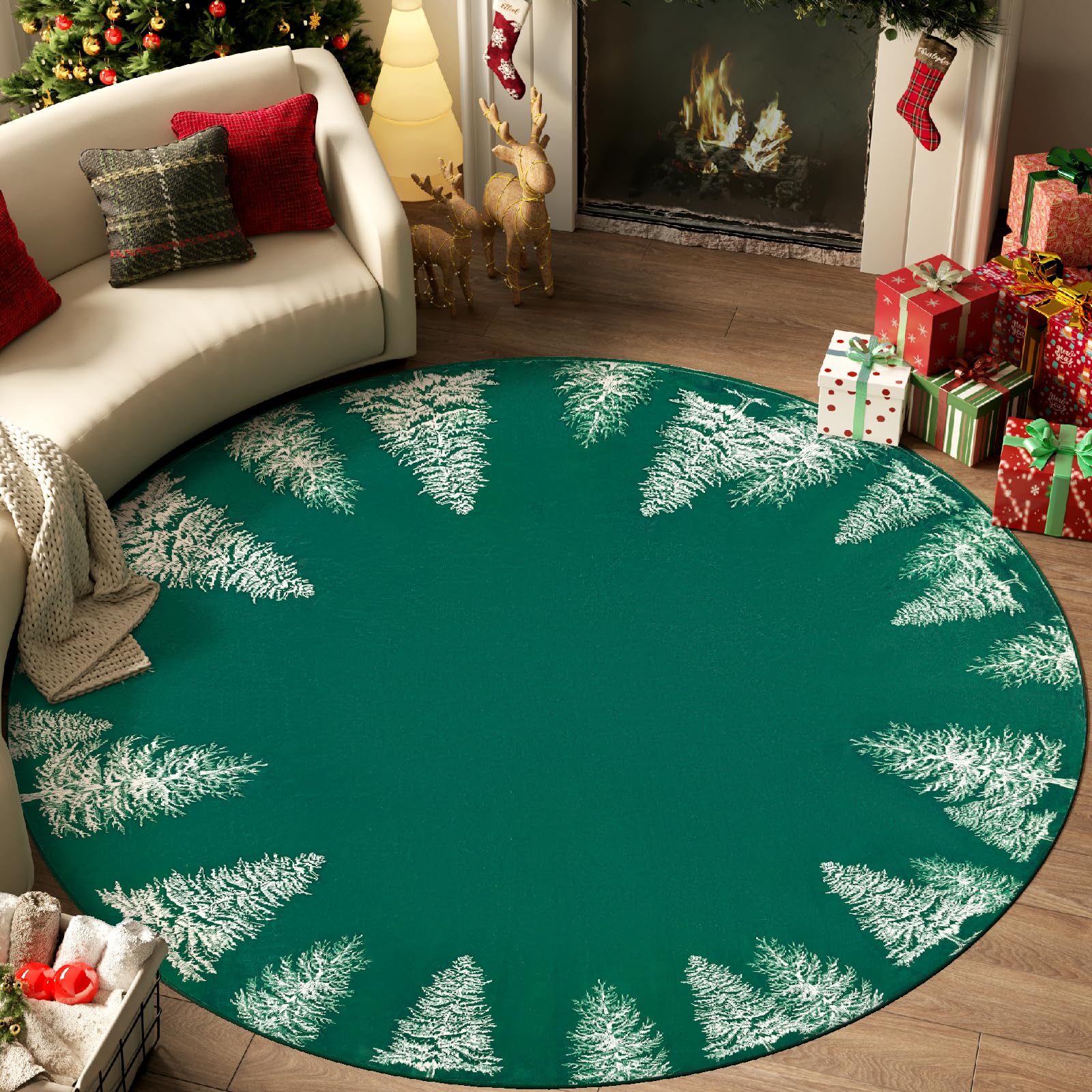 jinchan Christmas Round Rug 8ft Area Rug Green Xmas Tree Rug Washable ...