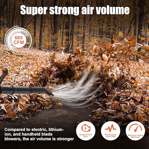 Miniatura 9 de Soplador de hojas  Soplador de hojas de mochila con motor de 2 ciclos refrigerado por aire de 63CC 3HP a gas para cuidado del césped, 665CFM fuerte