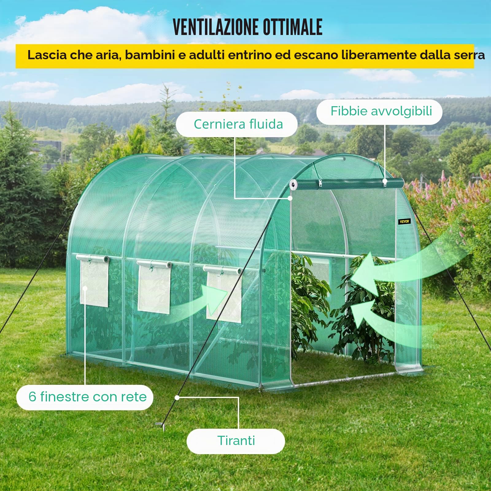 VEVOR Serra da Giardino per Piante a Tunnel Impermeabile con 6 Finestre e Porte 3 x 2,1 x 2,1m, Serra a Tunnel da Esterno Impermeabile in Acciaio Zincato Copertura PE 12,8 kg,Serra a Tunnel Verde,1077