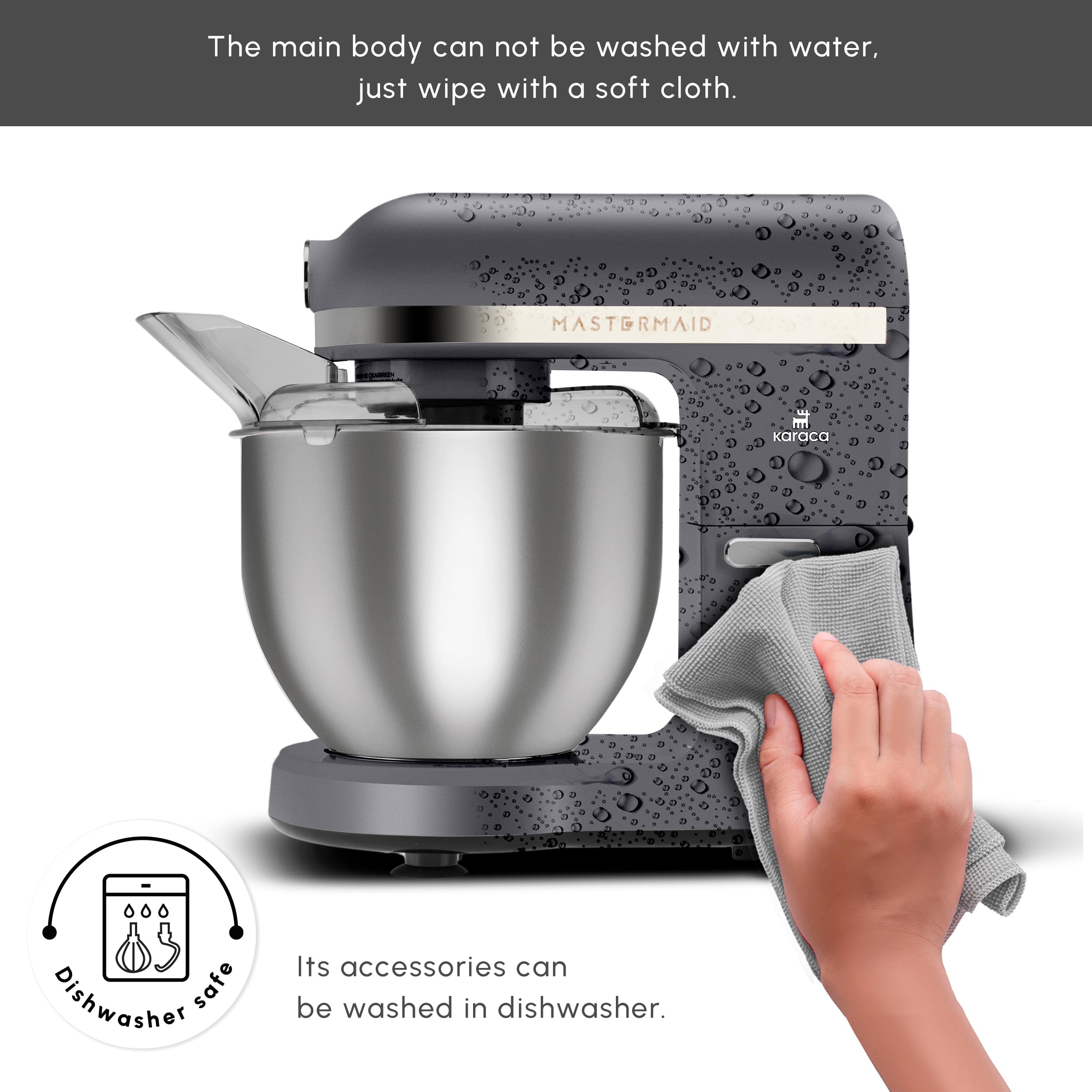 Karaca Mastermaid Chef Pro Double Armed Küche Koch 1500W Space Gray, Glänzend Cream, 1500W, 5 L Mixer, Food Processor, Geschwindigkeitseinstellung, Knethaken, Verquirlen, Kneten und Mischen