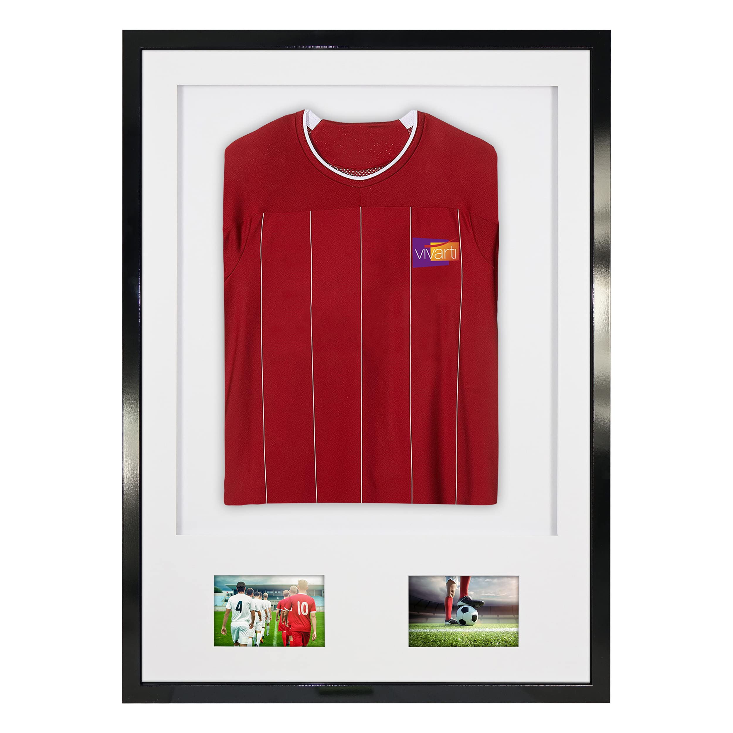 Vivarti DIY Junior 3D montado + doble apertura camisa deportiva marco A1 59,4 x 84 cm – marco negro brillante, soporte blanco, tarjeta de respaldo blanca